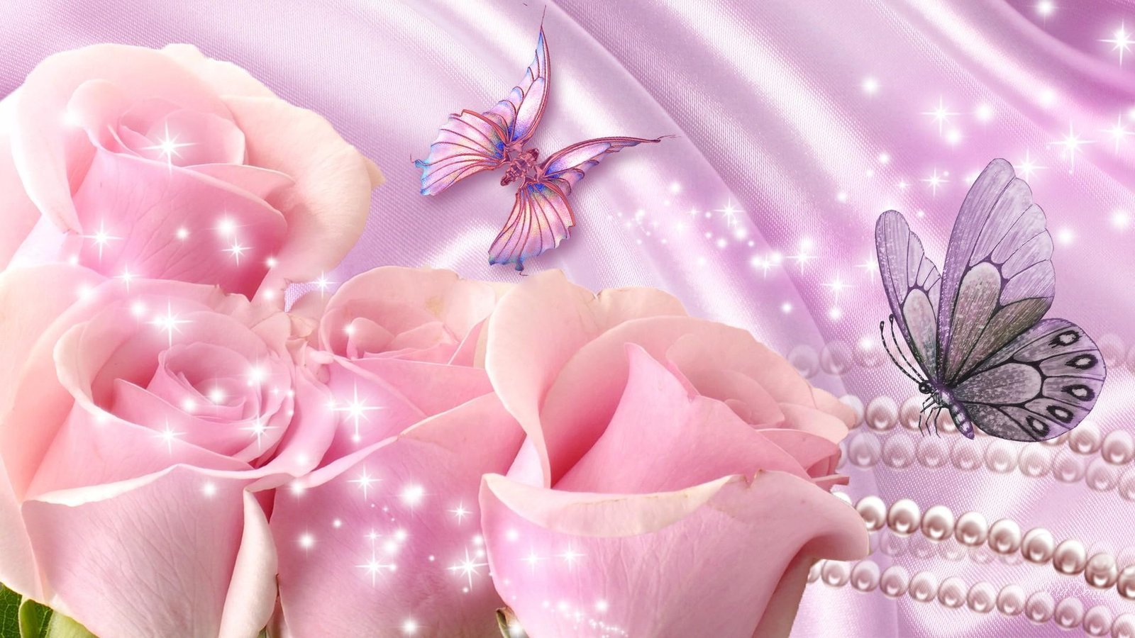 Pink Roses On Lavender Satin stars sparile flowers pearls 2k