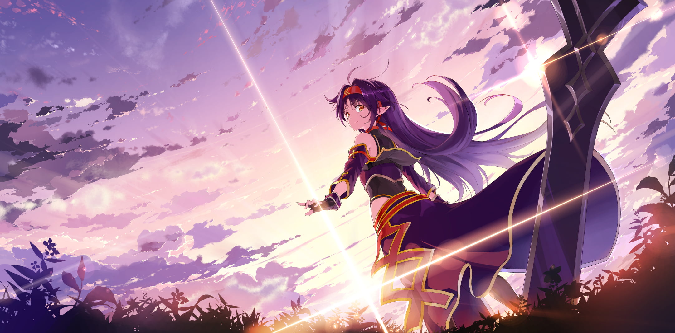 purple haired female anime character illustration clouds gloves 2k