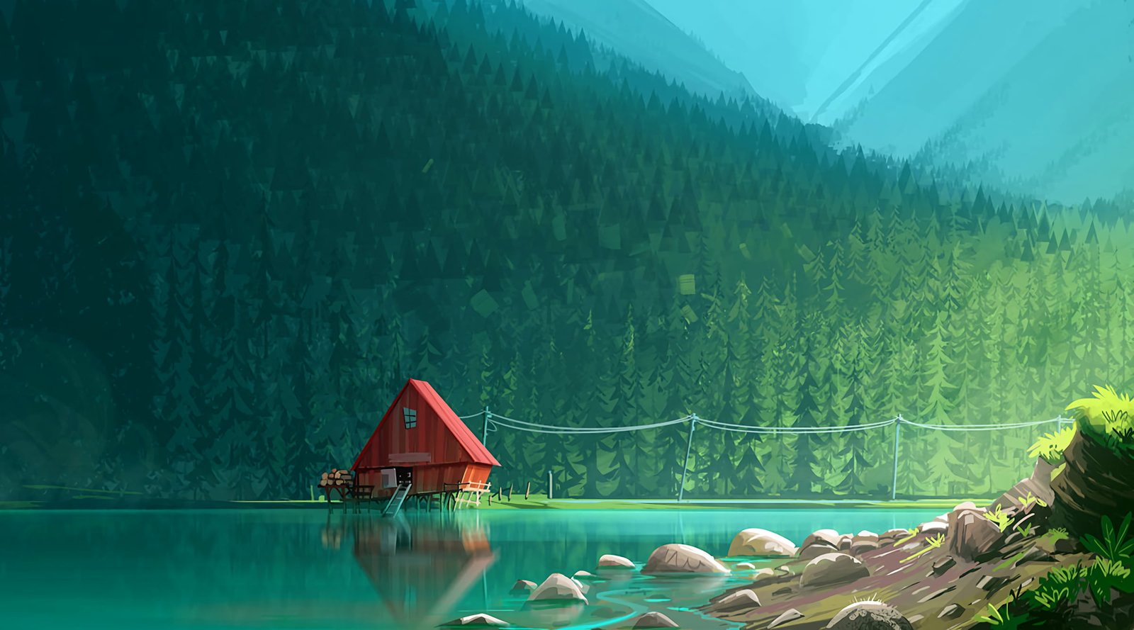 red wooden house near body of water on surrounded with trees artwork 2k