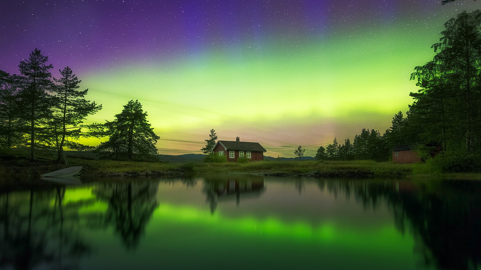 reflection europe norway ringerike lake polar lights night 2k