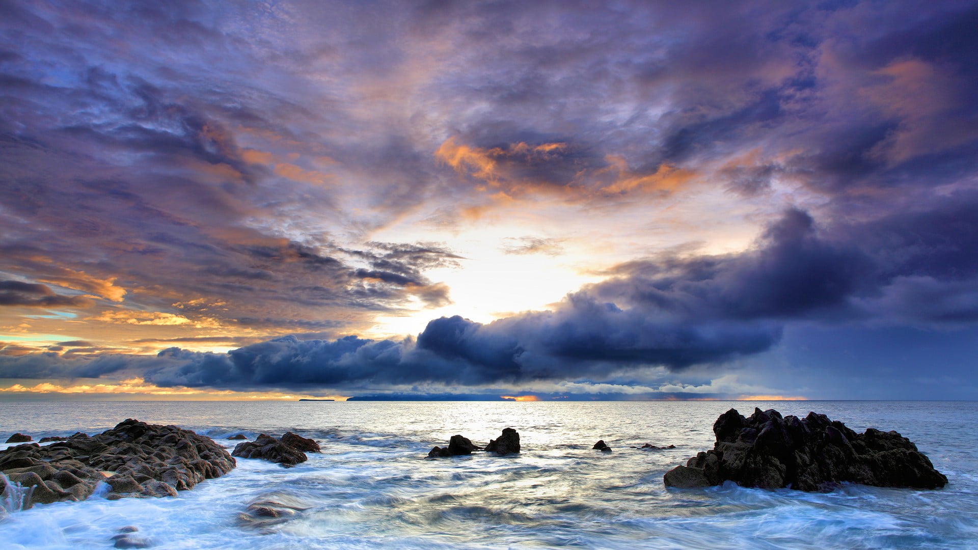 rock covered with body of water landscape clouds sea sky 2k