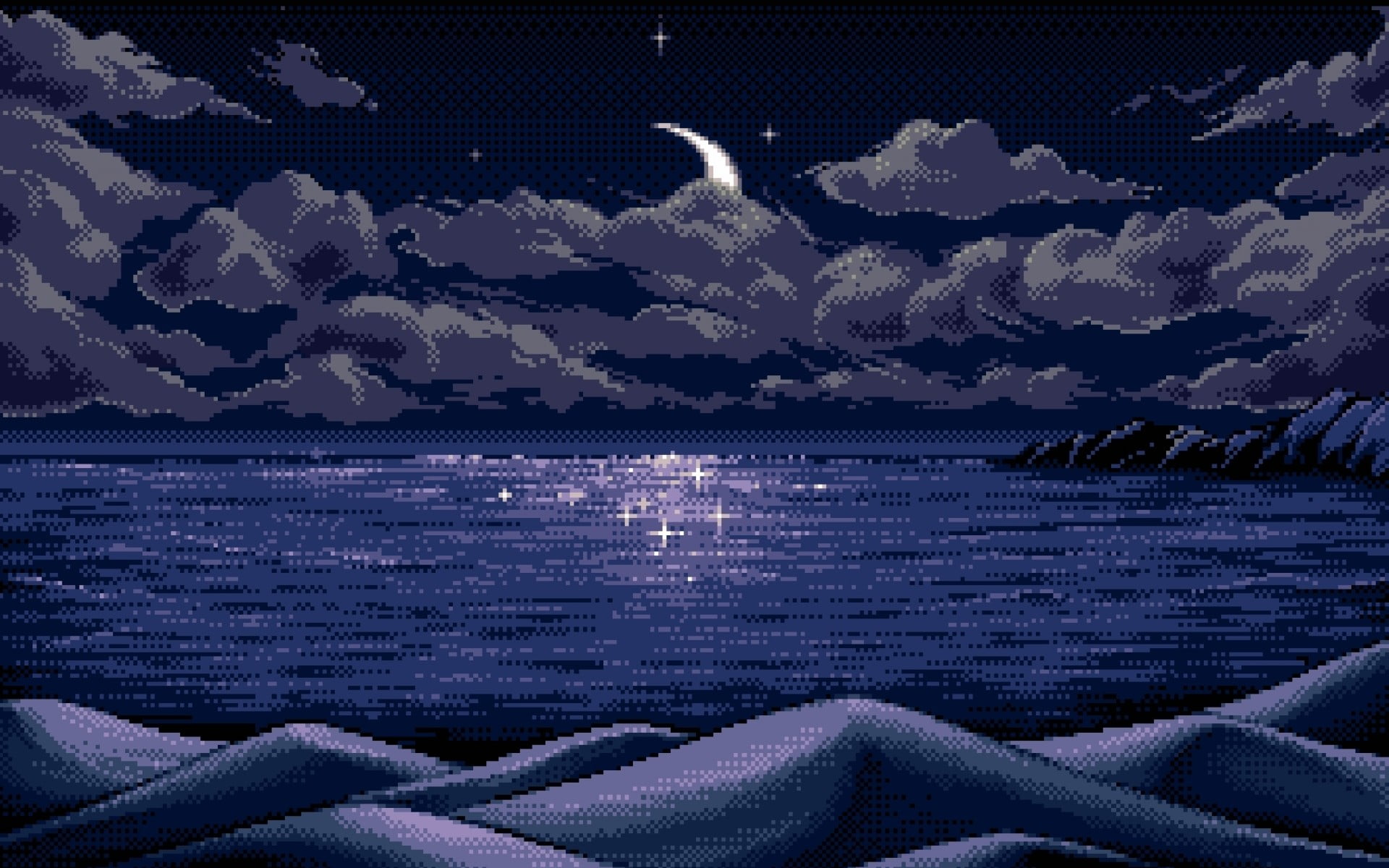 sea wallpaper digital art pixel pixels Moon horizon 2k