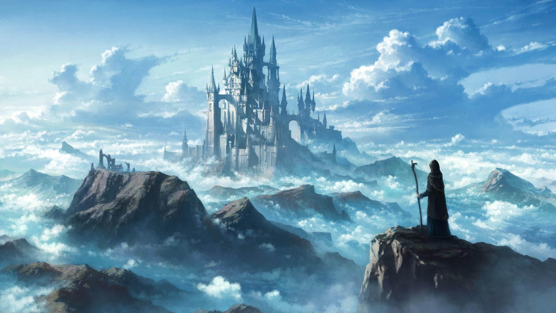 sky castle wanderer fantasy landscape art mountain 2k