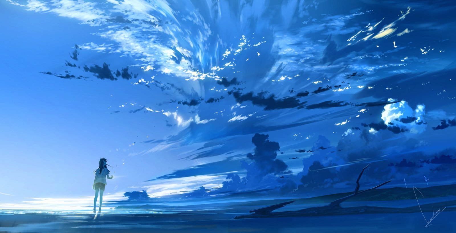 sky clouds anime girls digital art drawing cyan blue 2k