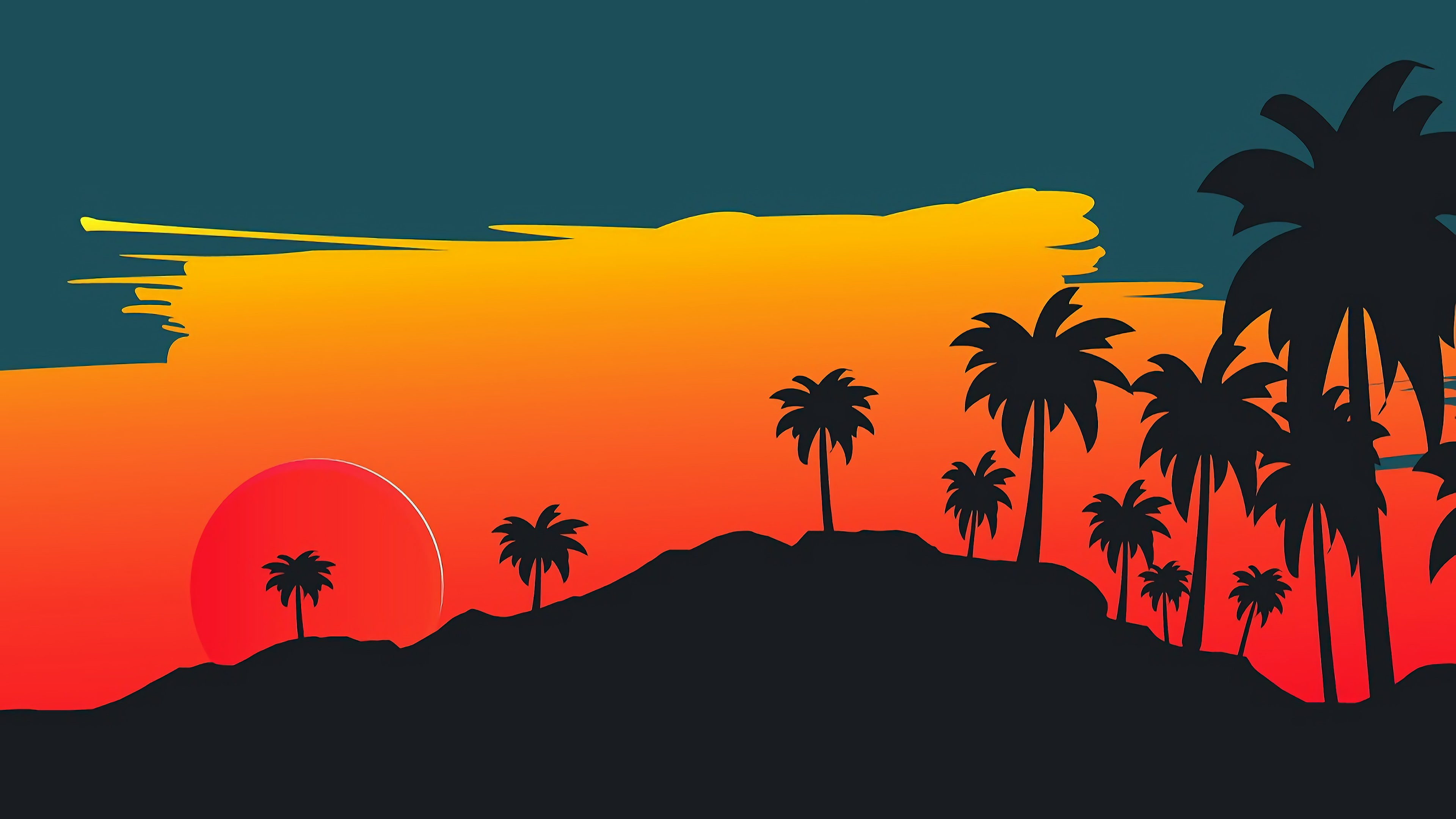sky orange silhouette palms sunset tree minimal illustration 2k 4k
