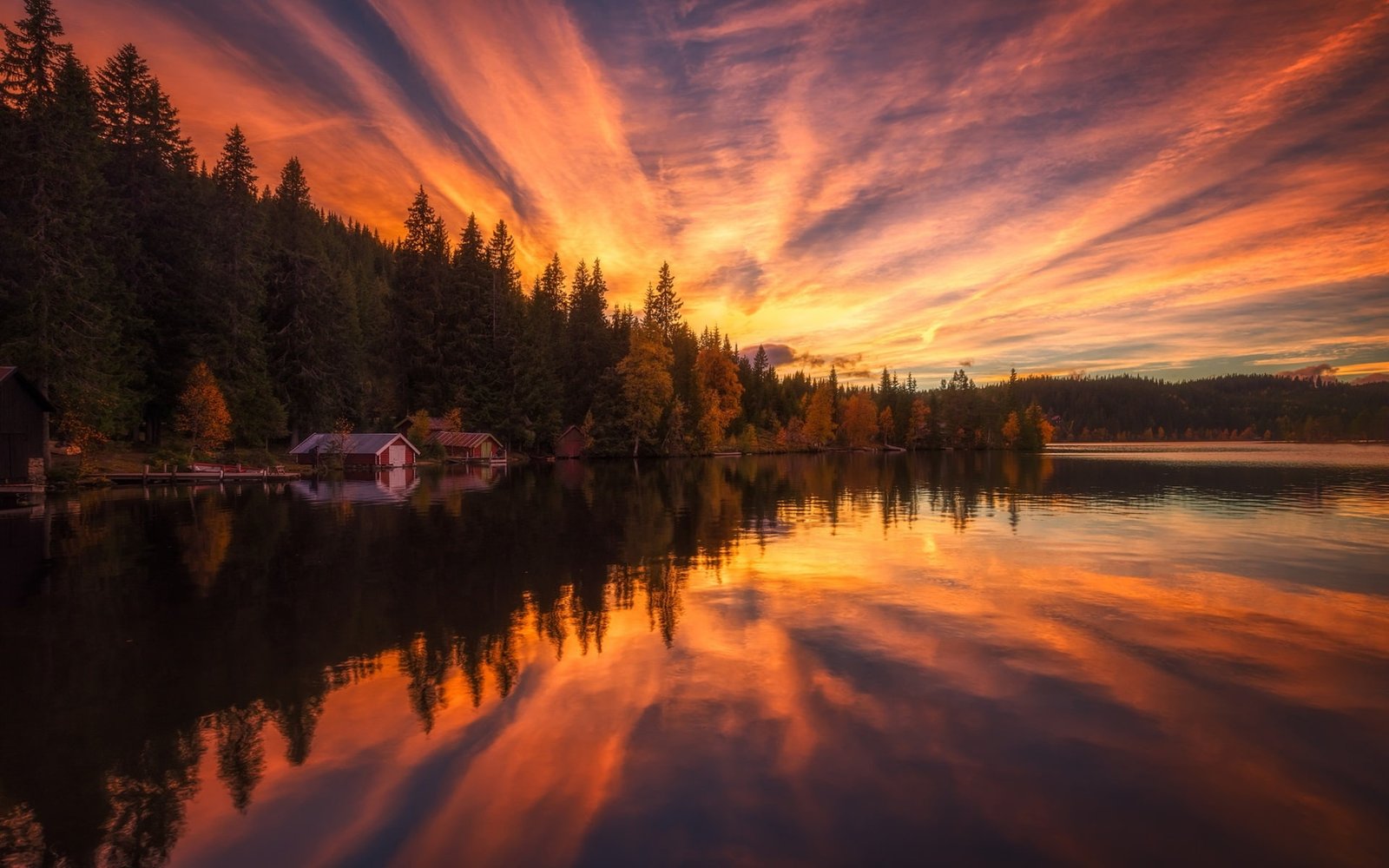 Sunset scenery river houses trees water reflection 2k