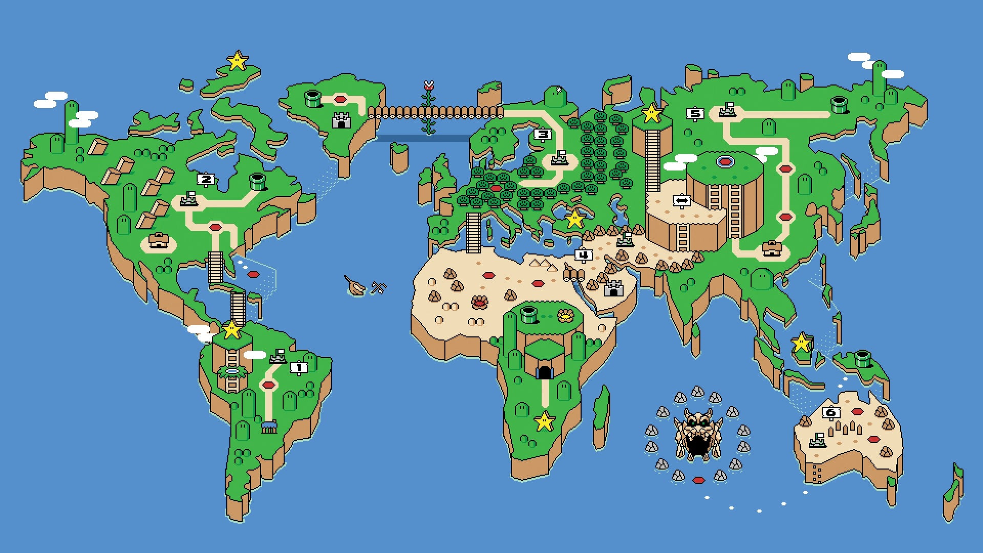 Super Mario World Map digital wallpaper SNES retro games pixels 2k