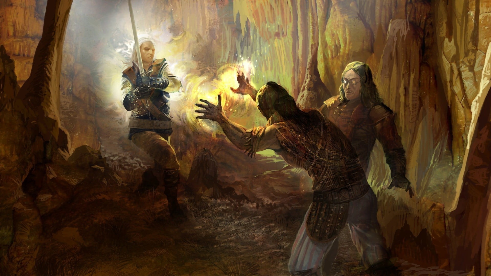 three person on cave illustration The Witcher video games Geralt of Rivia 2k
