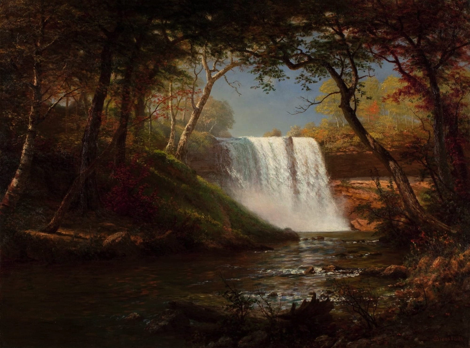 trees near waterfall during daytime albert bierstadt art painting 2k