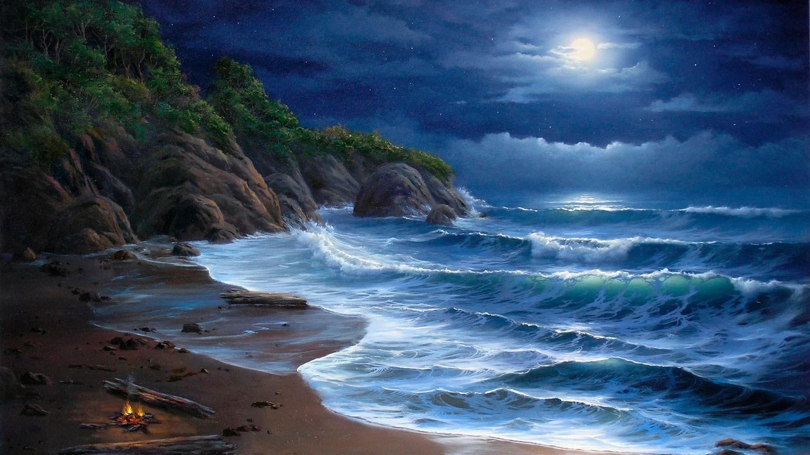 wave shore beach night moonlight sea fantasy art rock 2k