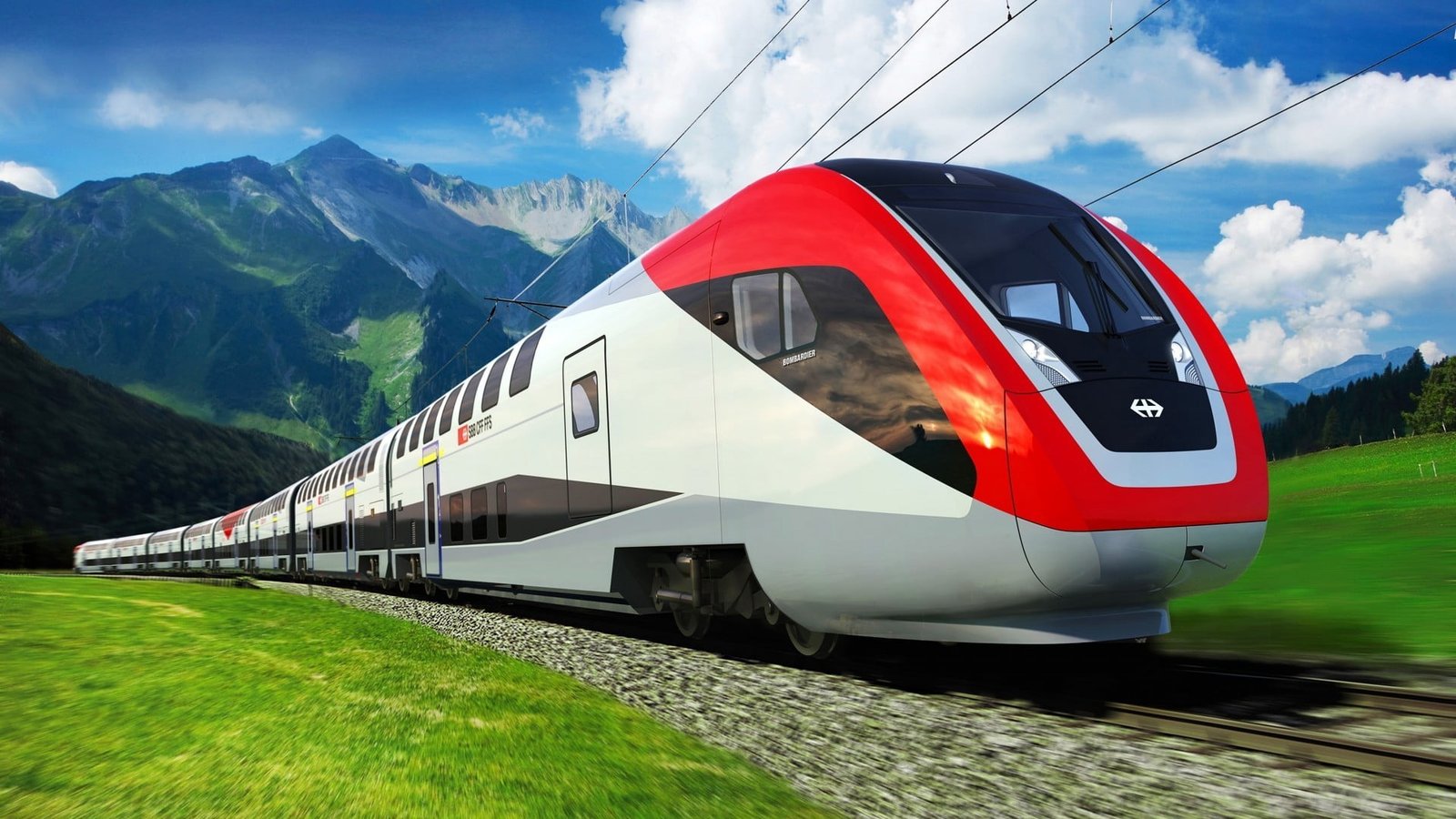 white and red train vehicle nature hills clouds modern railway 2k