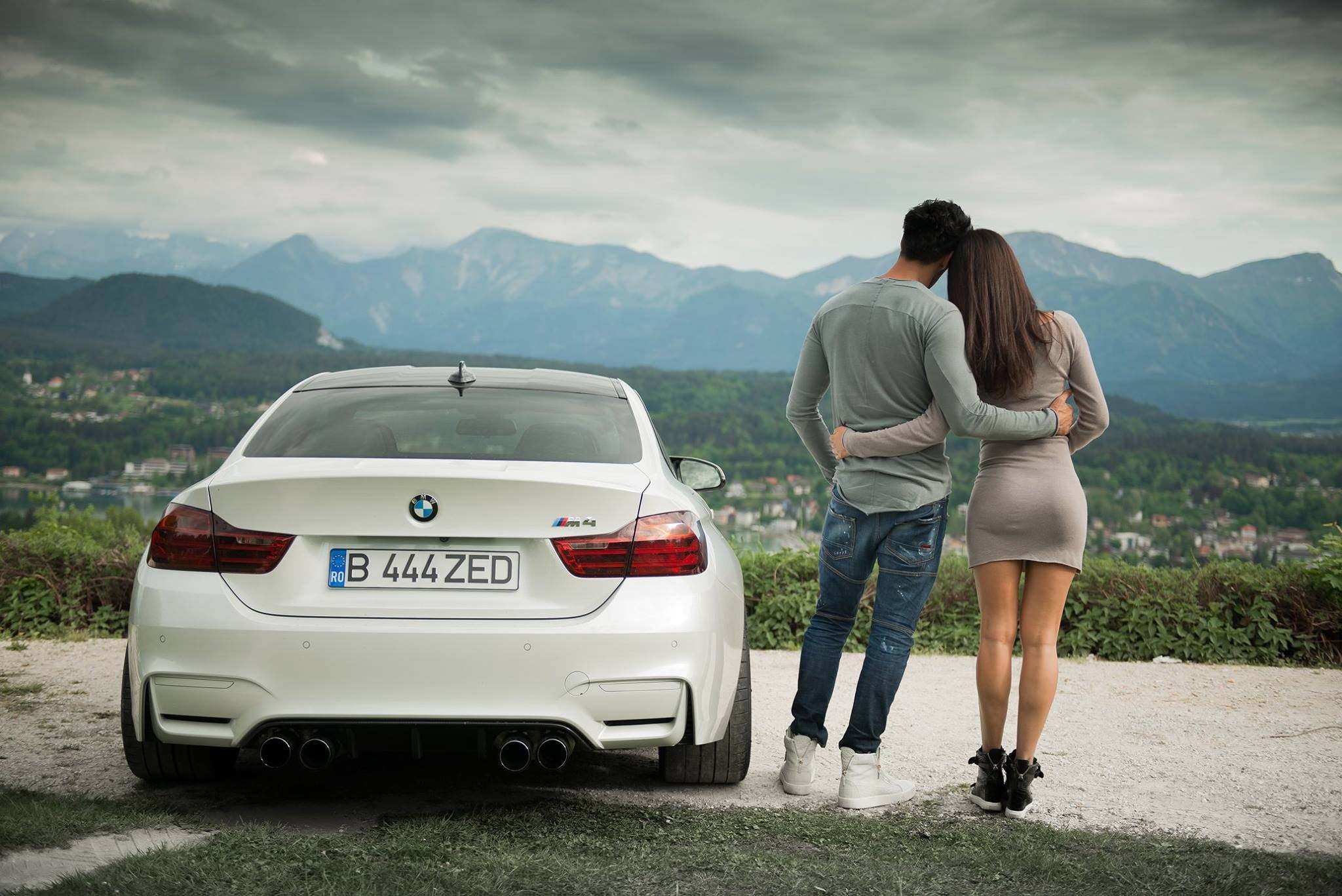 white BMW couple Coupe landscape mountain full length 2k