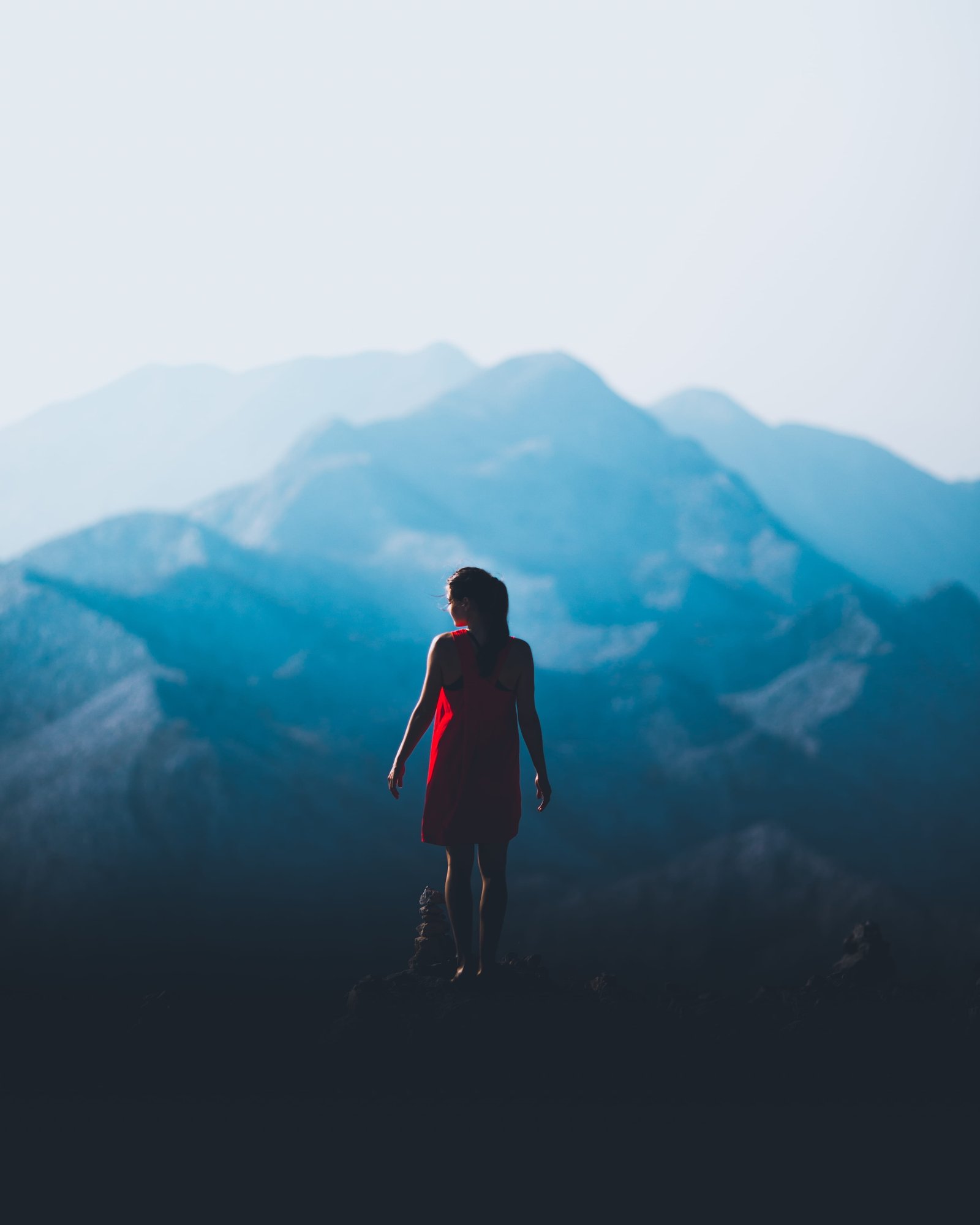 woman standing in front of mountain red dress outdoor person 2k 4k
