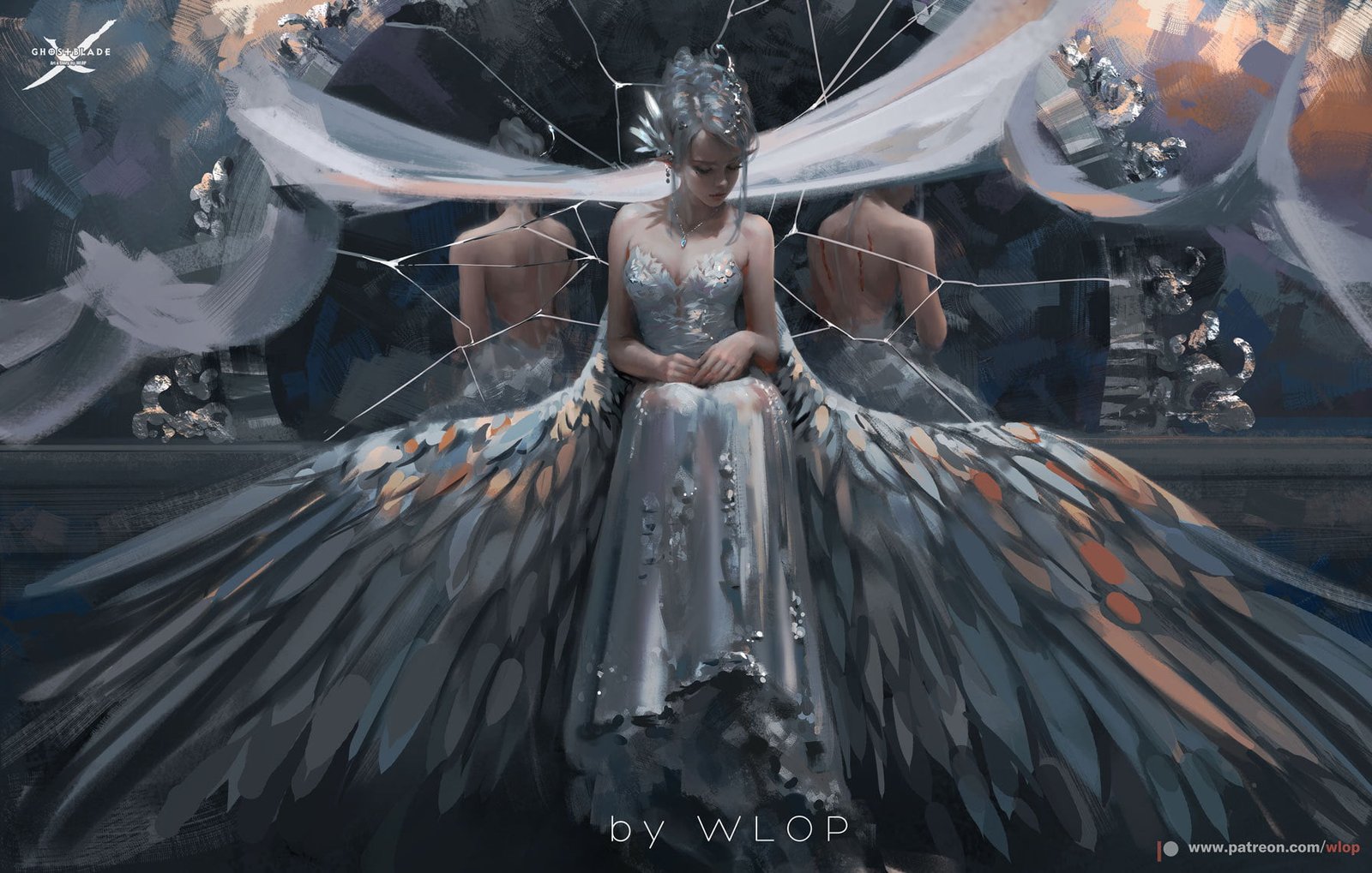 woman with wings anime girls Ghost Blade WLOP no people reflection 2k