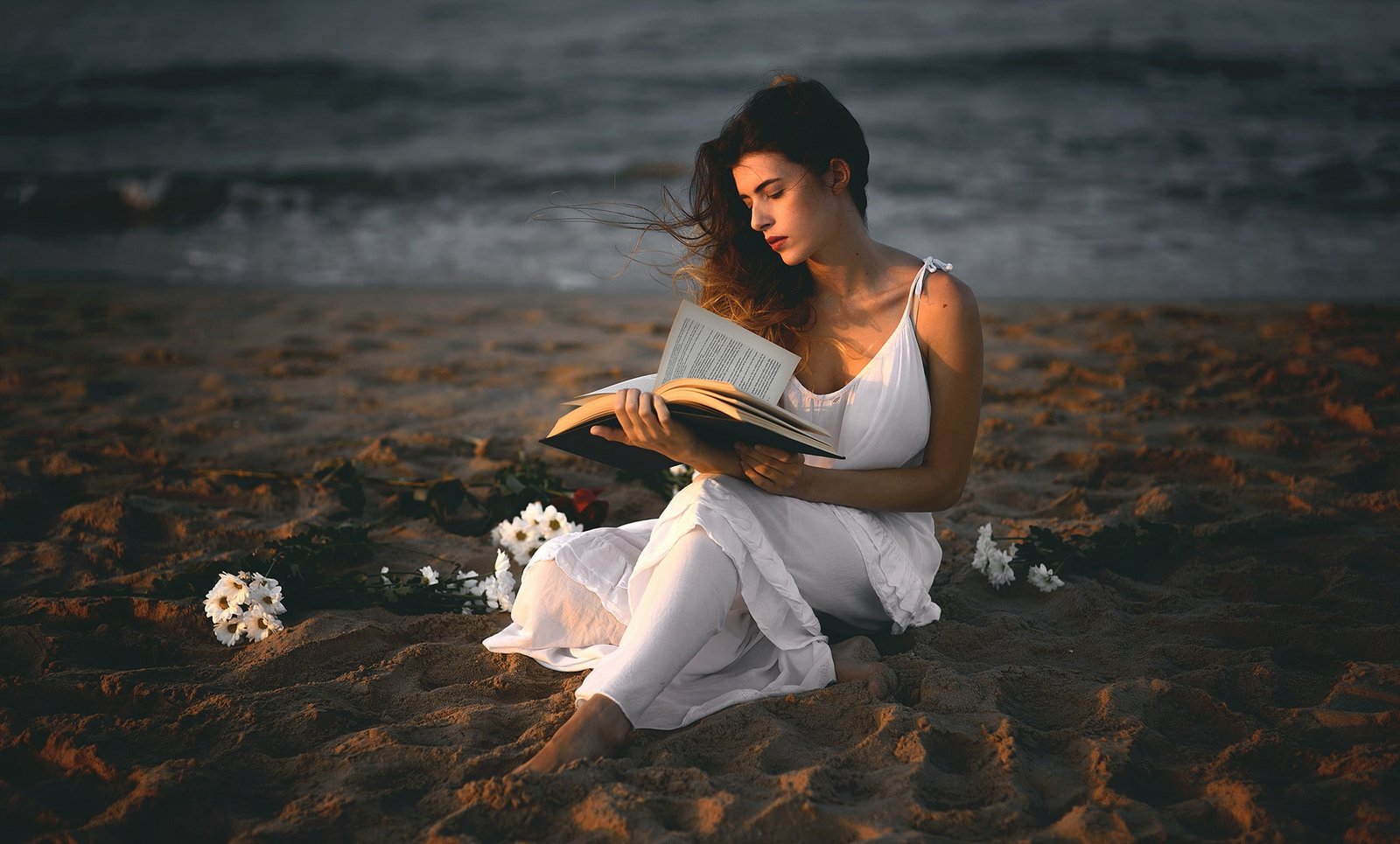 women books outdoors model white dress beach 2k