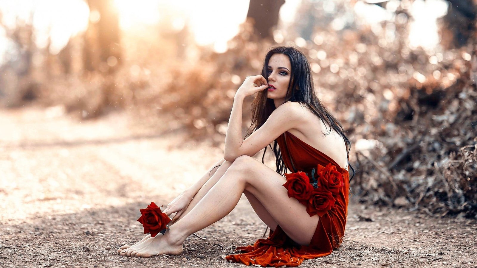 women's red backless dress Alessandro Di Cicco long hair looking at viewer 2k