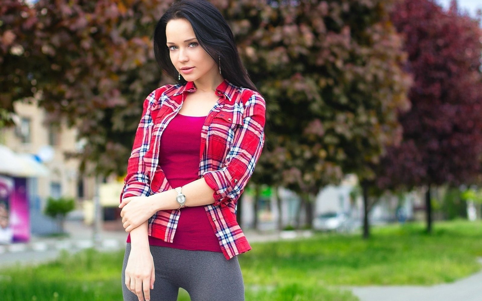 women's red gray and black plaid dress shirt leggings model 2k