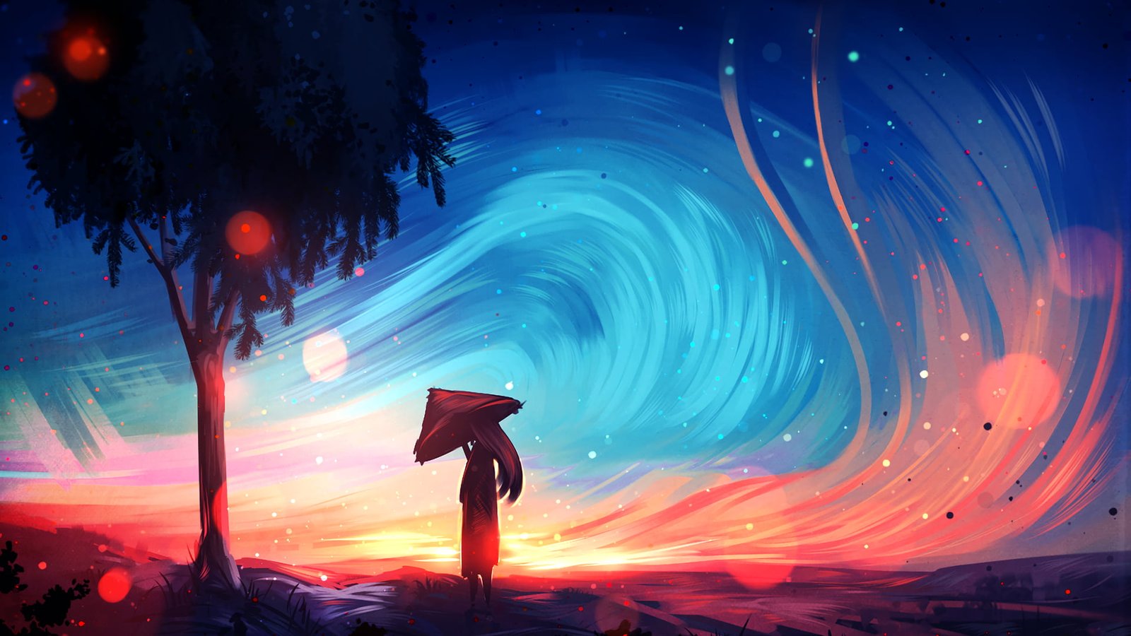 girl with umbrella painting man neat tree digital art 2k