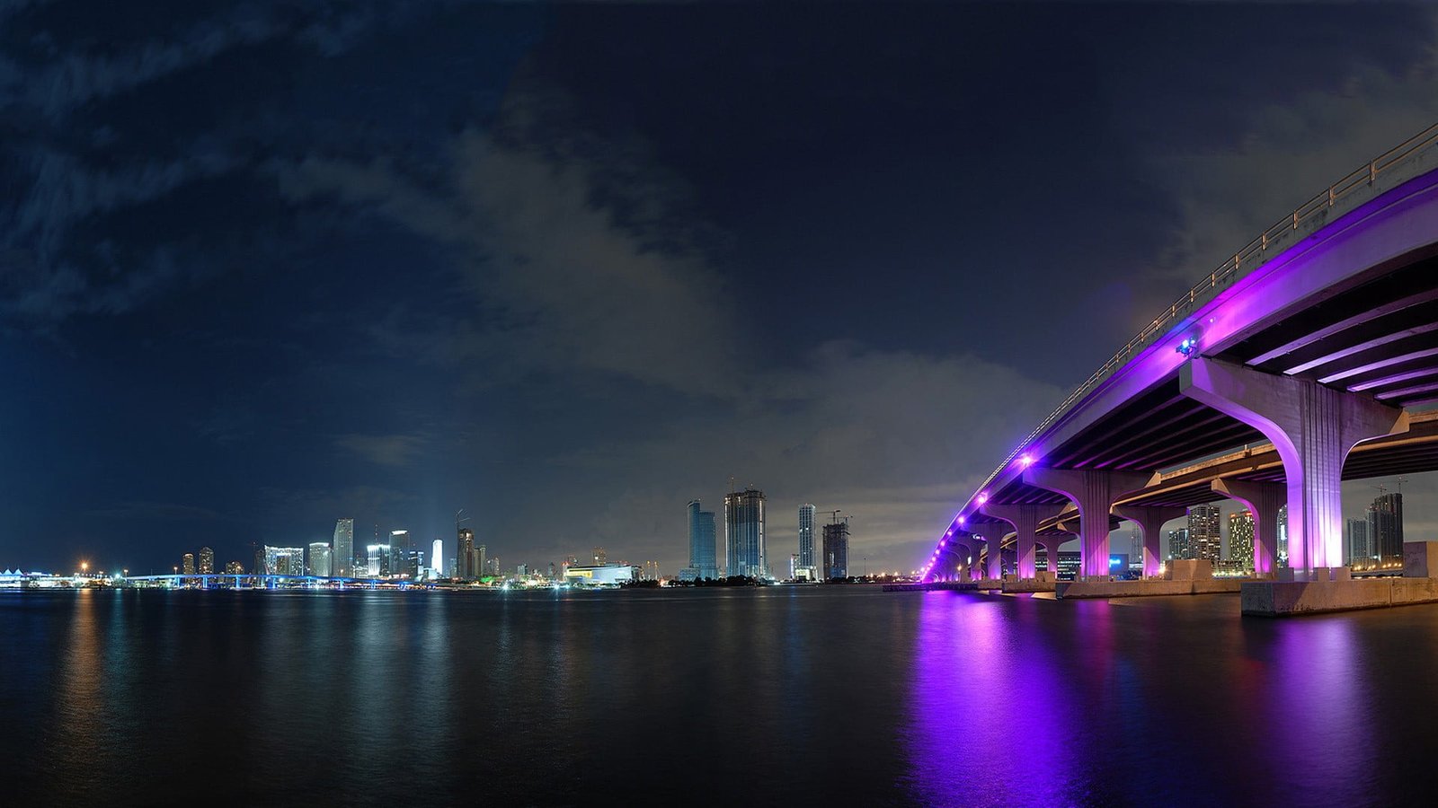 gray concrete bridge cityscape urban lights skyline Miami 2k
