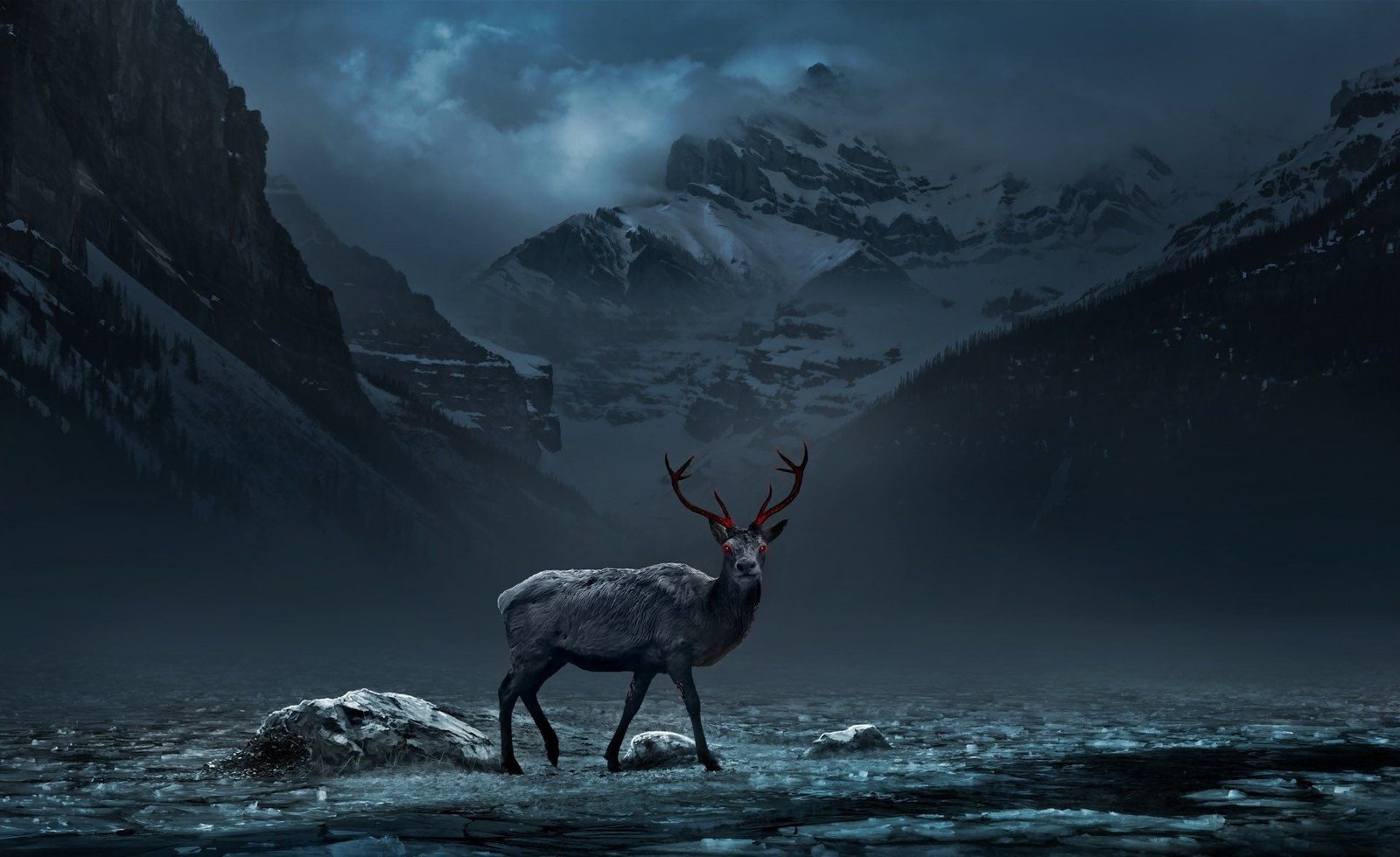gray deer nature animals mountains red eyes digital art 2k