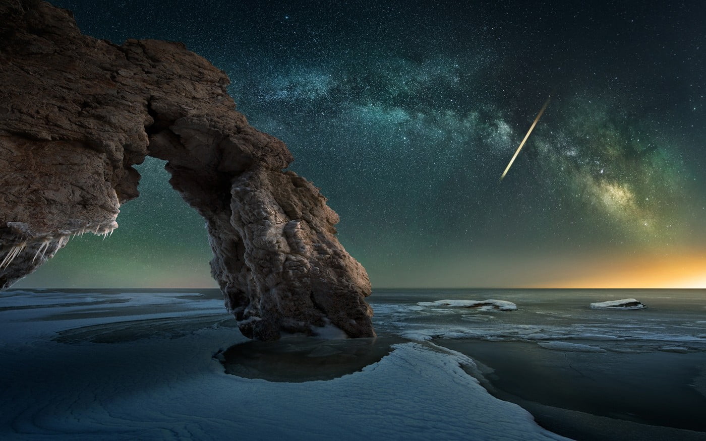 gray rock formation nature landscape Milky Way ice sea starry night