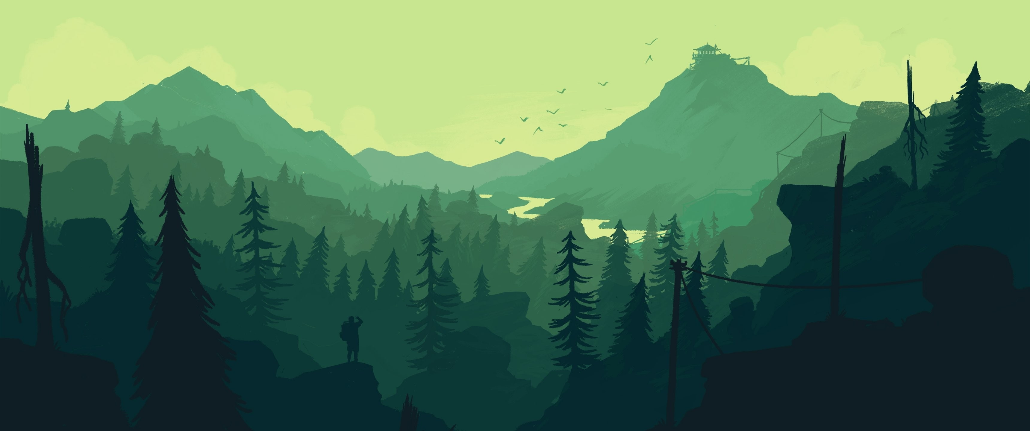 green mountain and trees painting firewatch landscape forest 2k