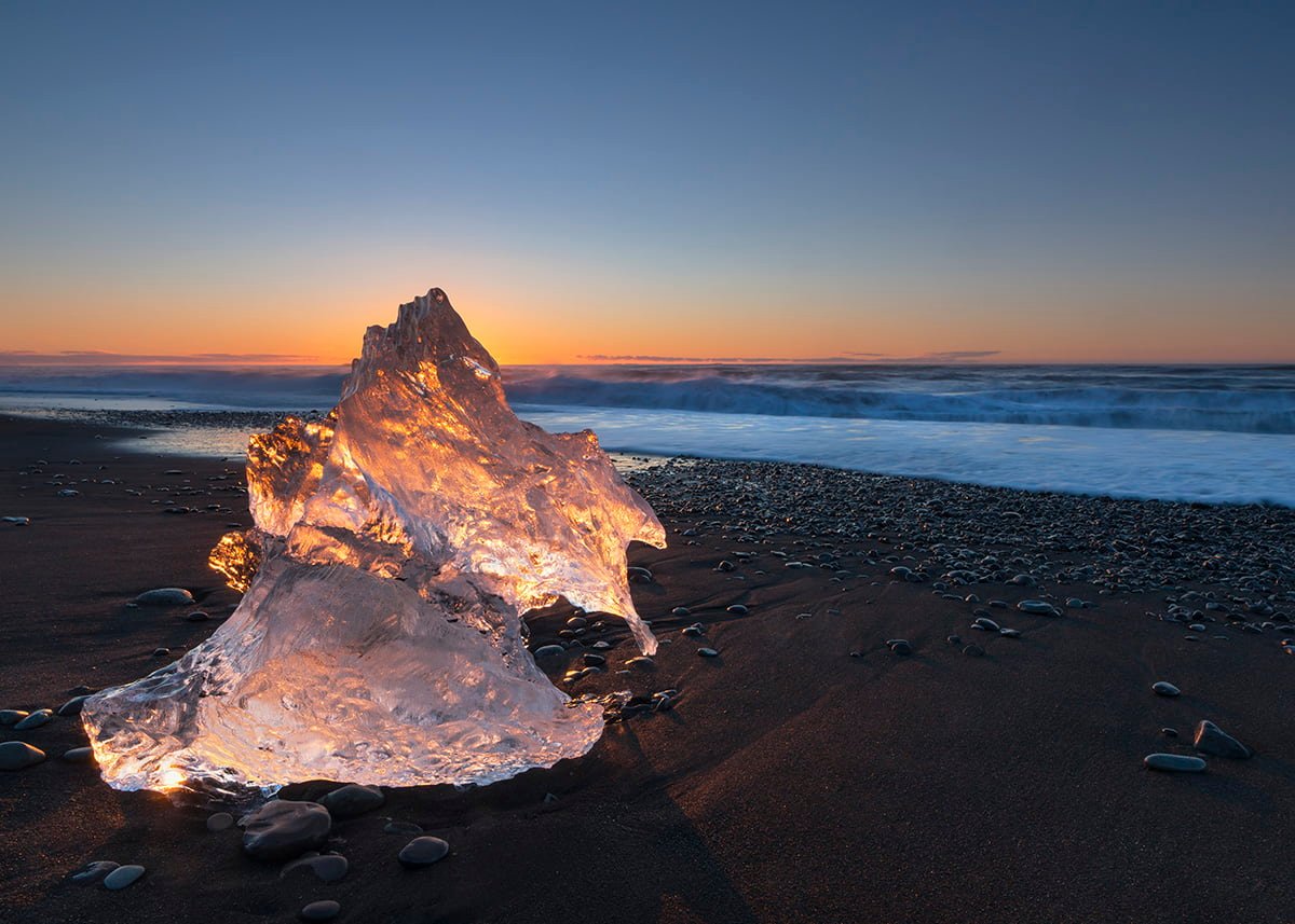 grey stonny beach sunset iceland Icy Flames Jokulsarlon Iceland