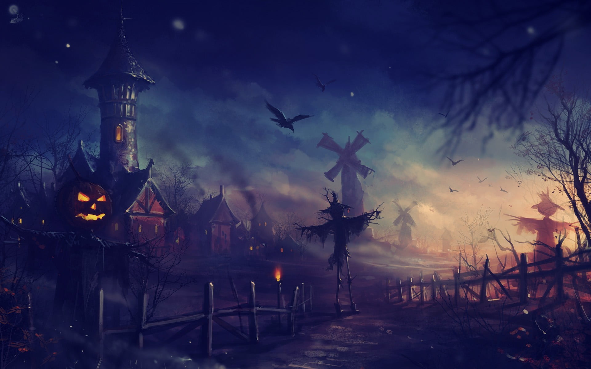 halloween wallpaper scarecrows pumpkin Jack O' Lantern windmill 2k