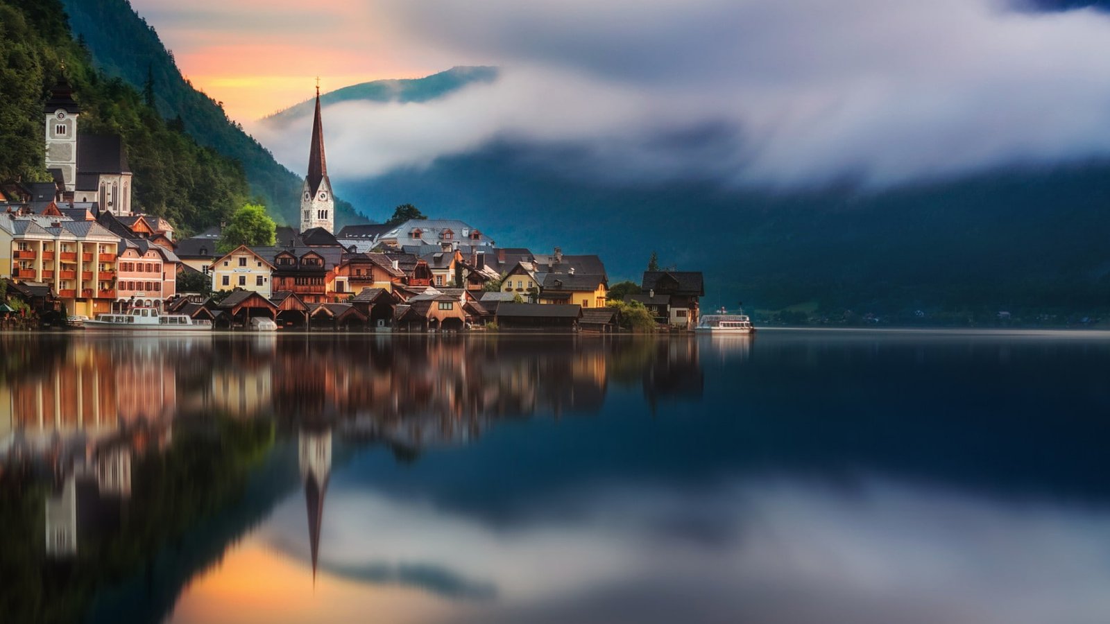 hallstatter see lake sky nature water reflection village 2k
