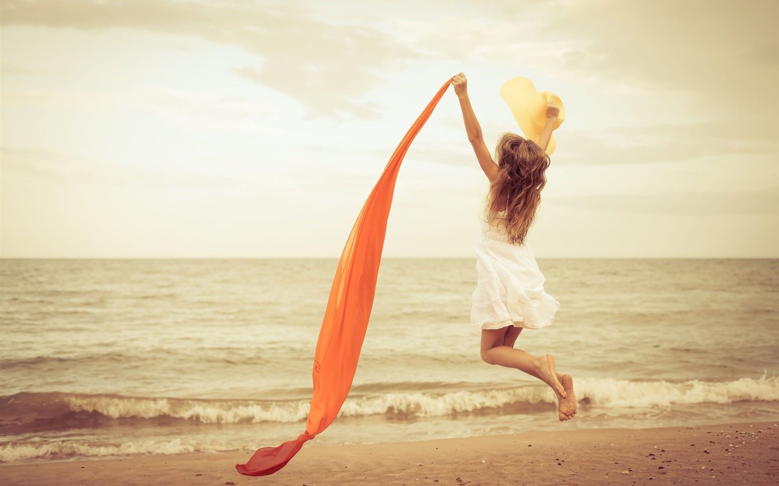 Happy girl jump mood white dress red ribbon beach sea 2k