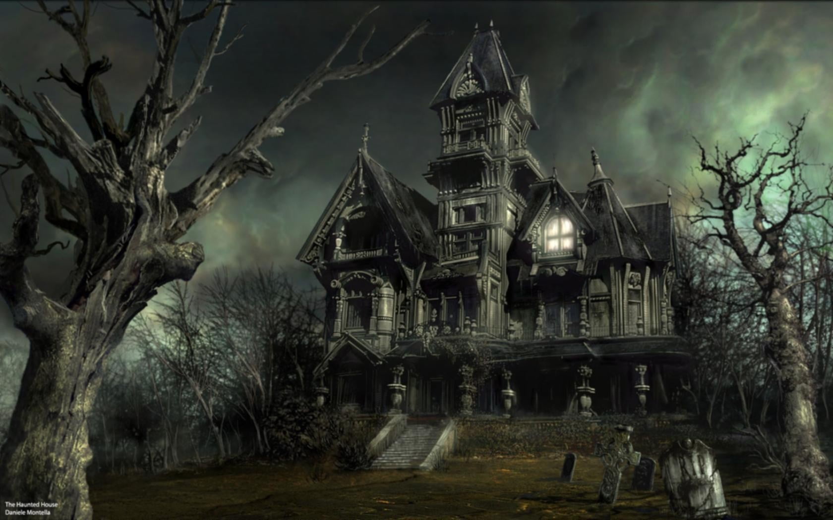 haunted house digital wallpaper Halloween spooky tree architecture 2k