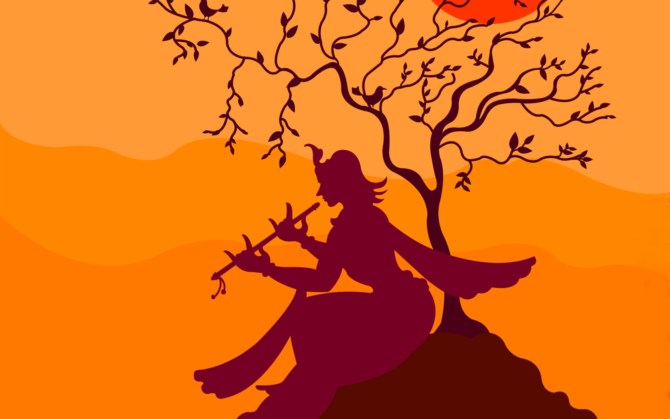 Krishna Playing Flute Under Tree person playing flute illustration 2k