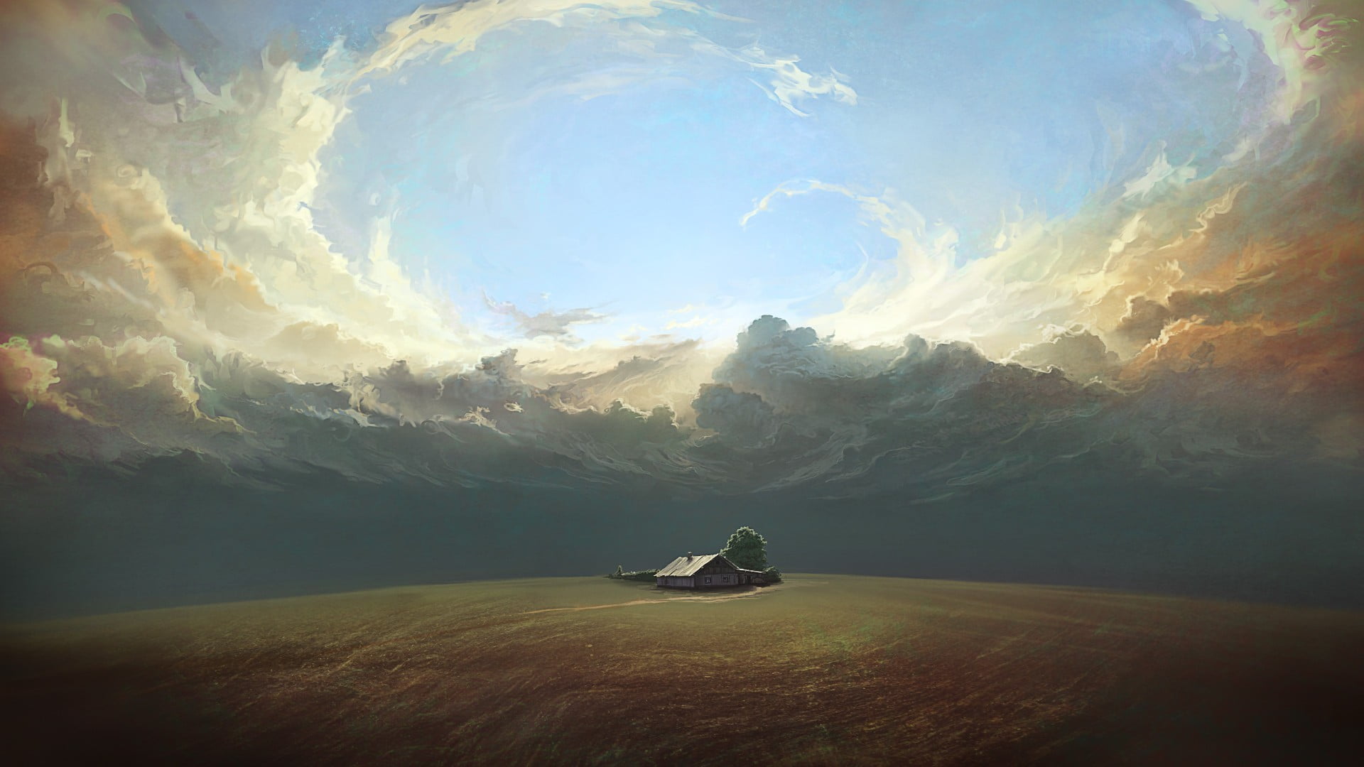 lone house painting clouds artwork field DeviantArt sky 2k