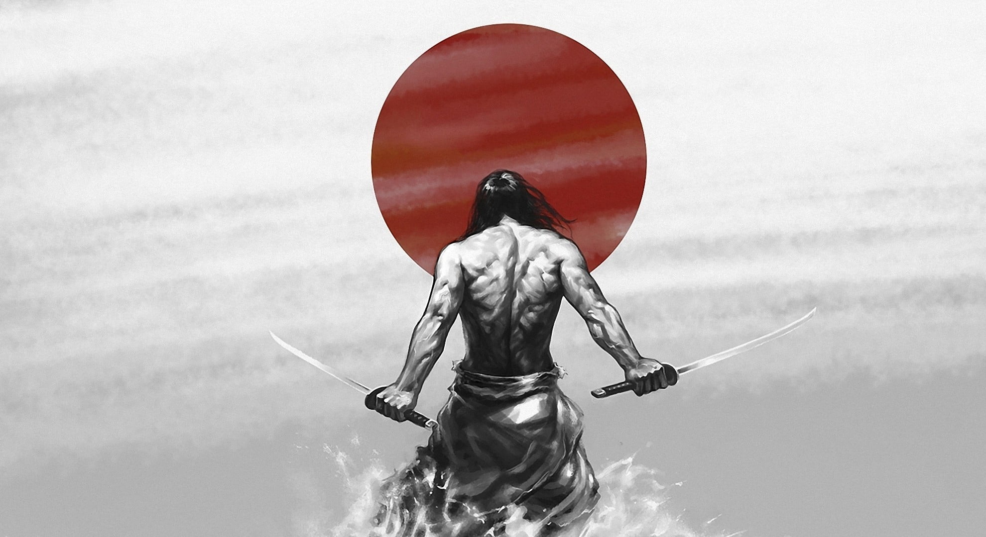 man holding two katana swords vector art samurai Japan warrior 2k