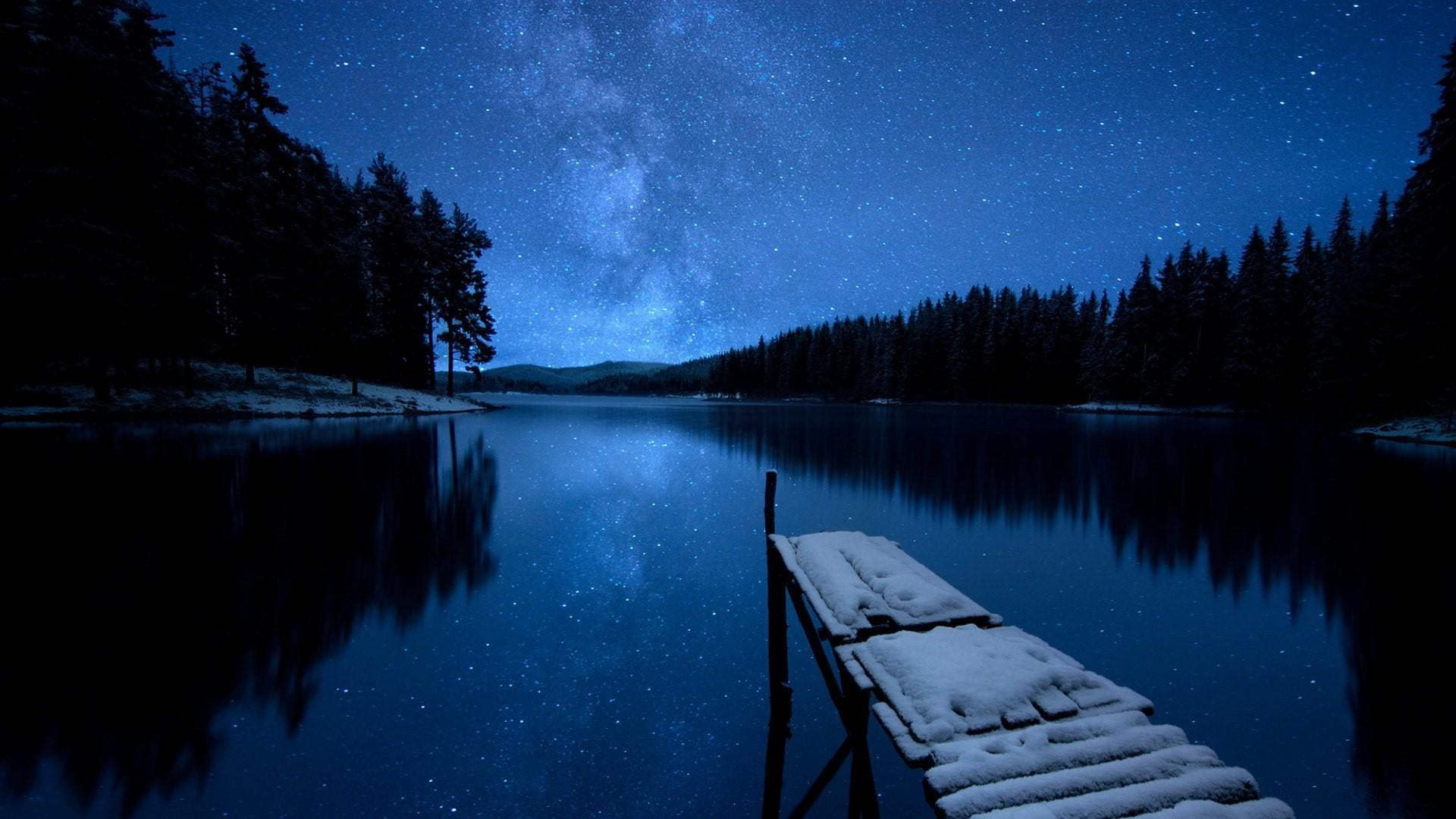milky way night sky starry lake pier nature reflection 2k