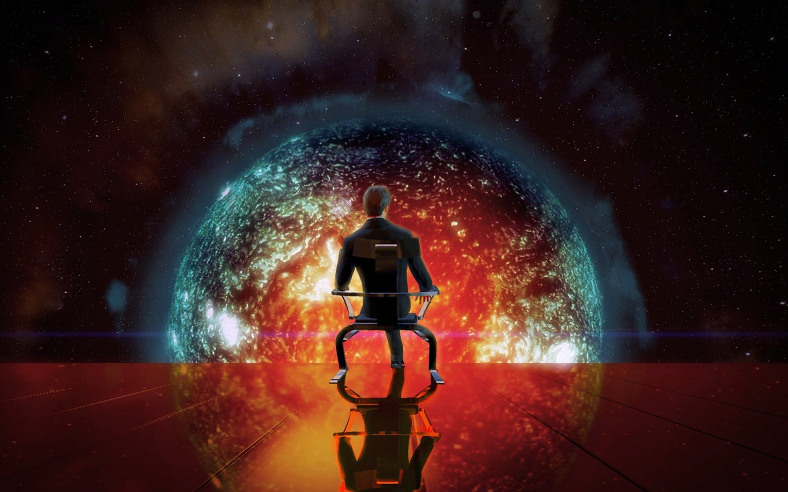 man sitting on chair digital wallpaper Illusive Man science fiction 2k