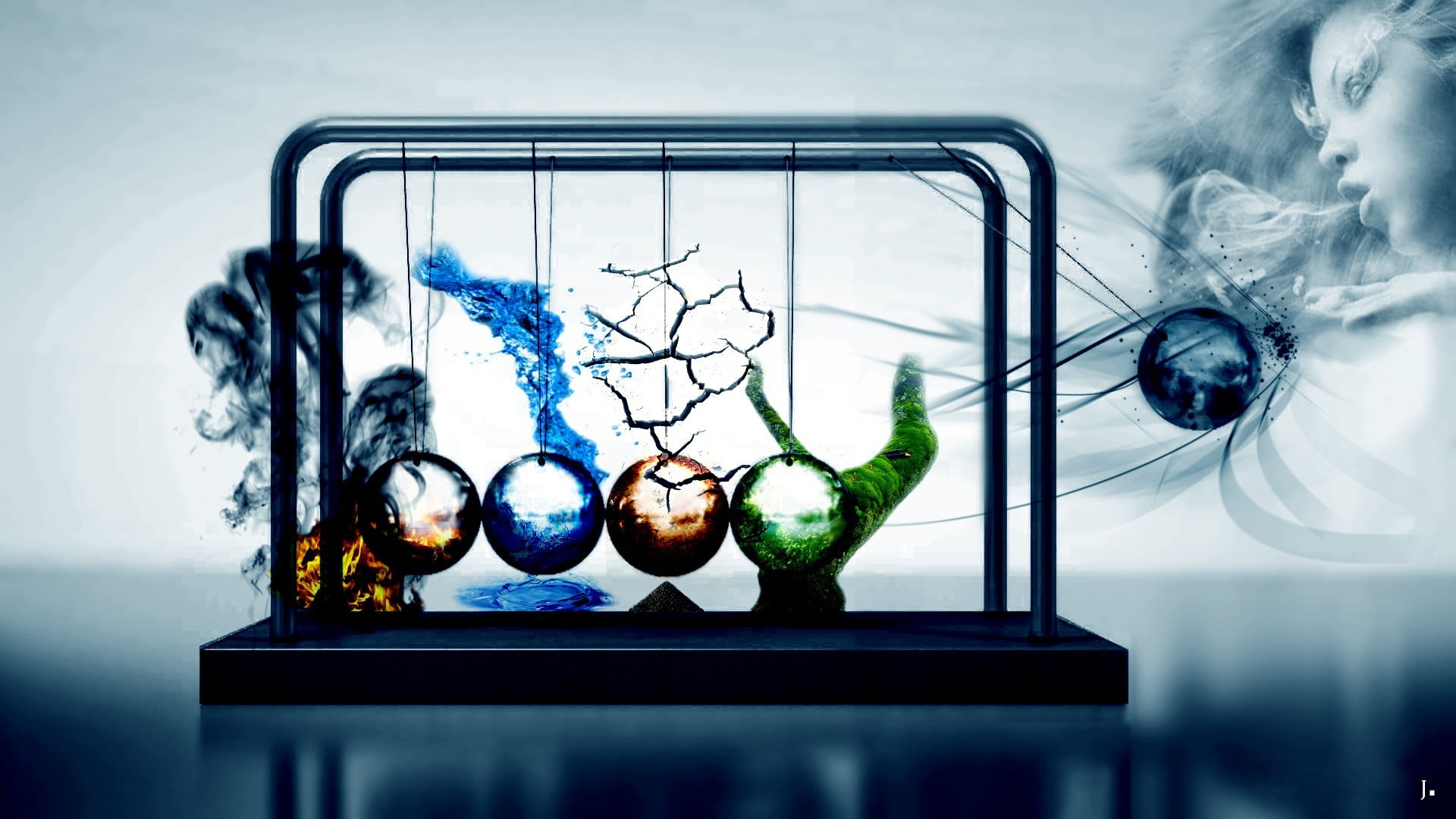multicolored Newton's cradle abstract science fire water 2k