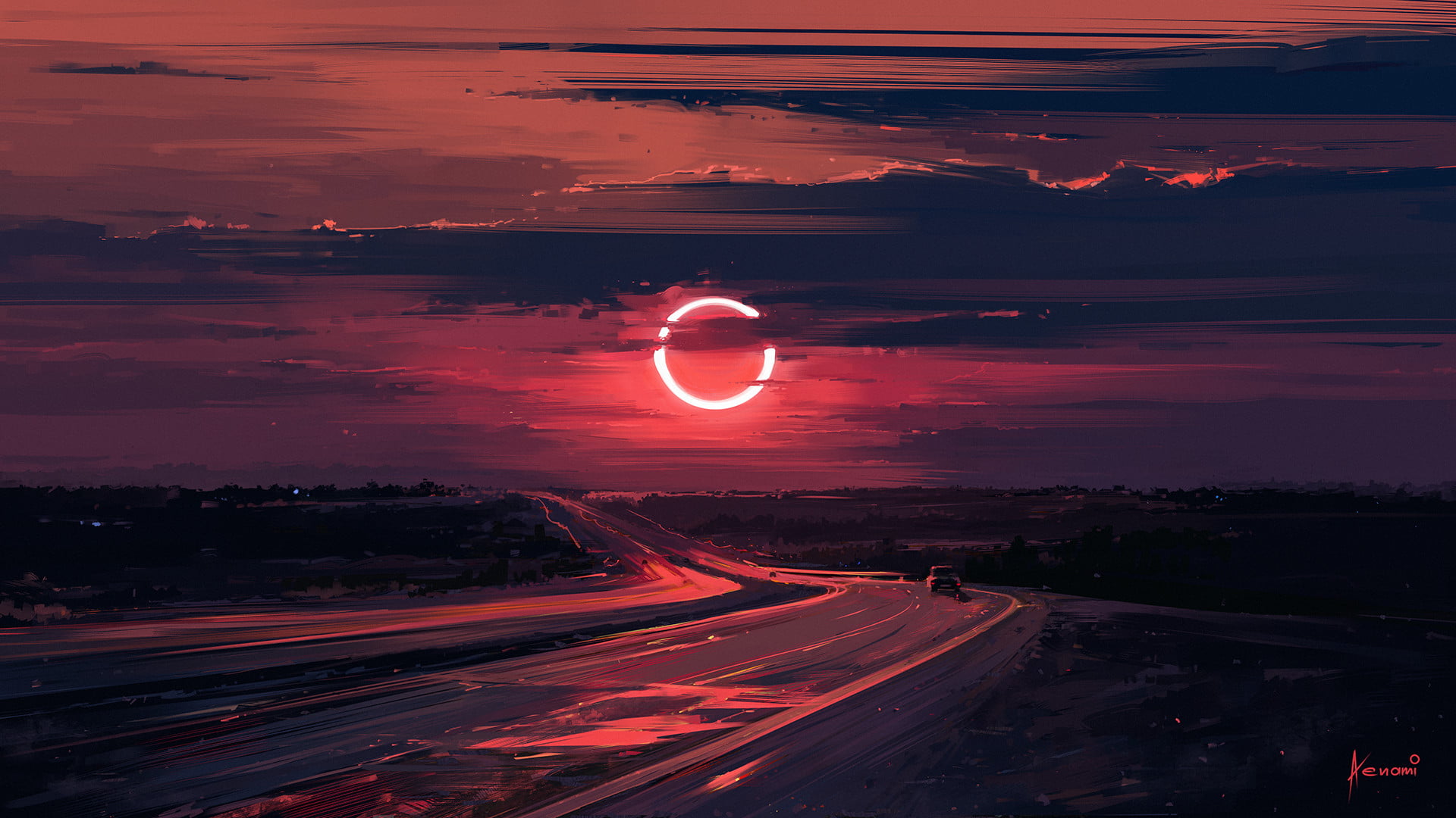 moon sunset Aenami digital art eclipse landscape road painting 2k