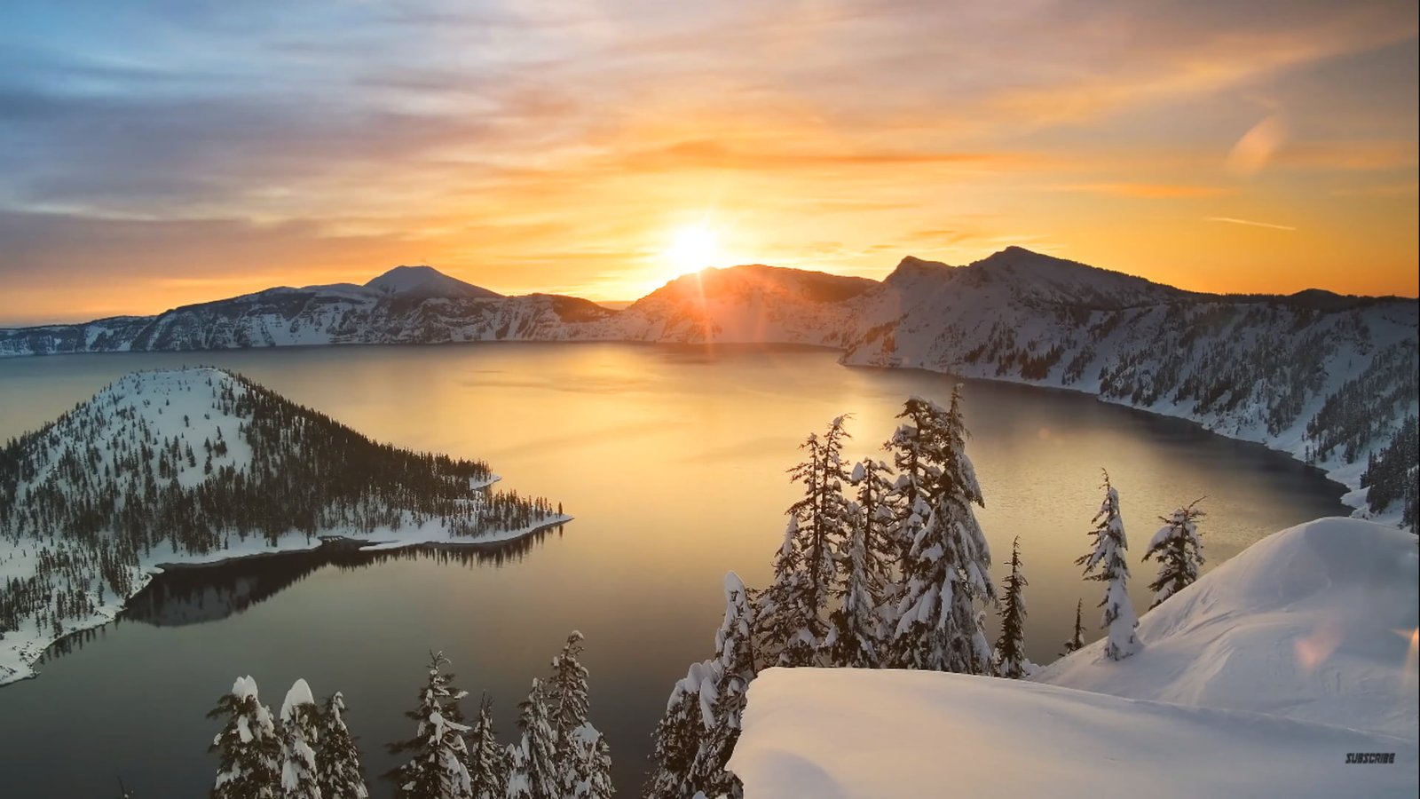 nature snow sun rays trees water lake sunset 2k