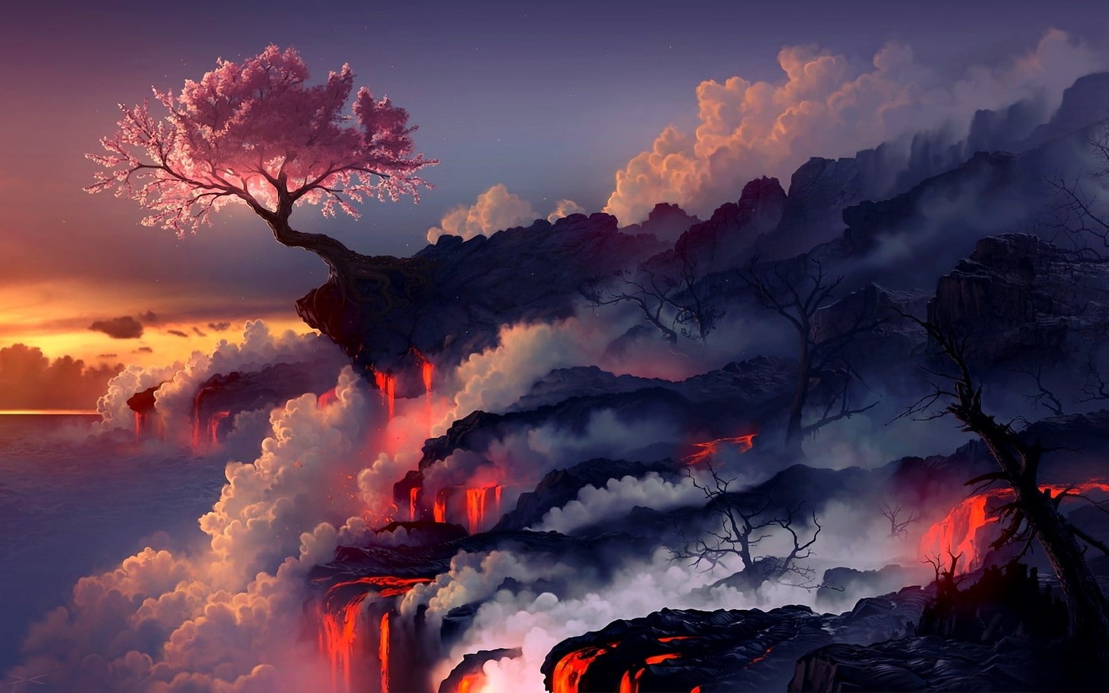 nature landscape fantasy art fire trees smoke lava cherry blossom artwork digital fightstar album 2k
