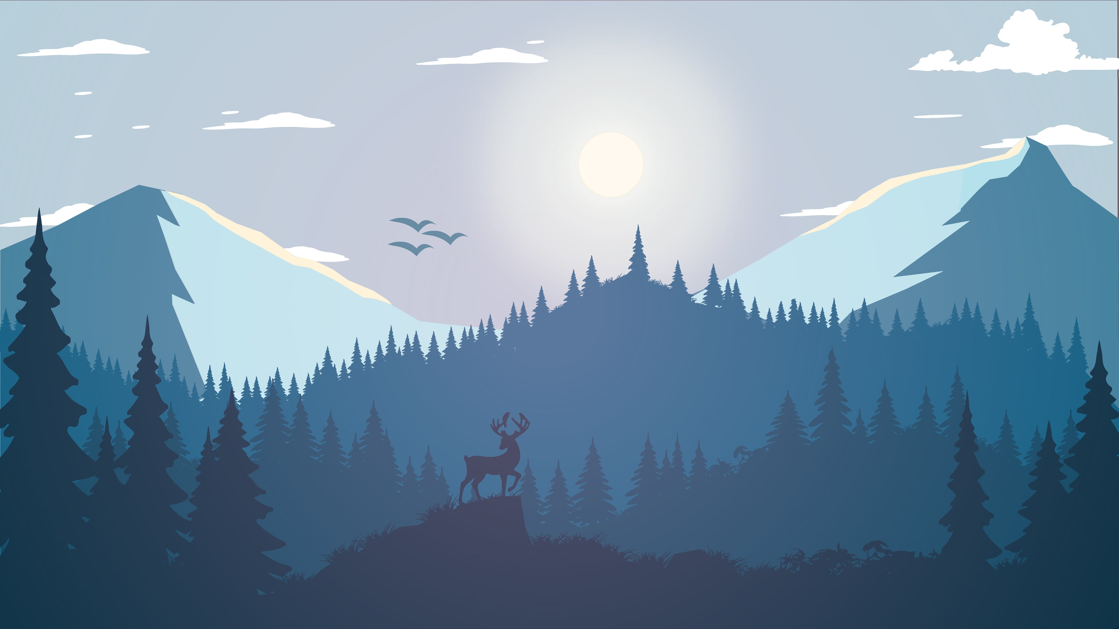 Nordic landscape mountains trees wood forest deer Sun 2k 4k