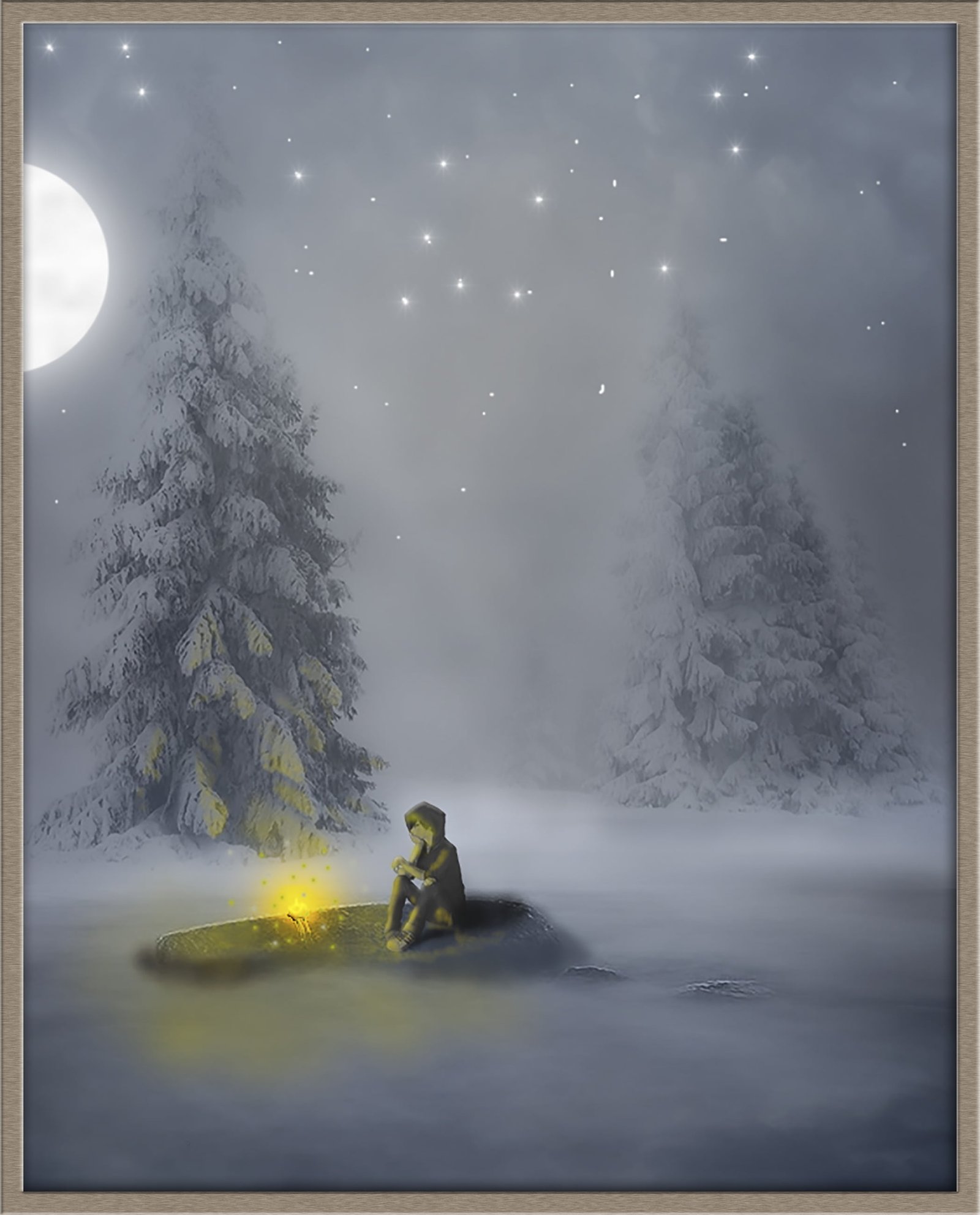 person sitting on floor in front of bone fire during winter solitude 2k