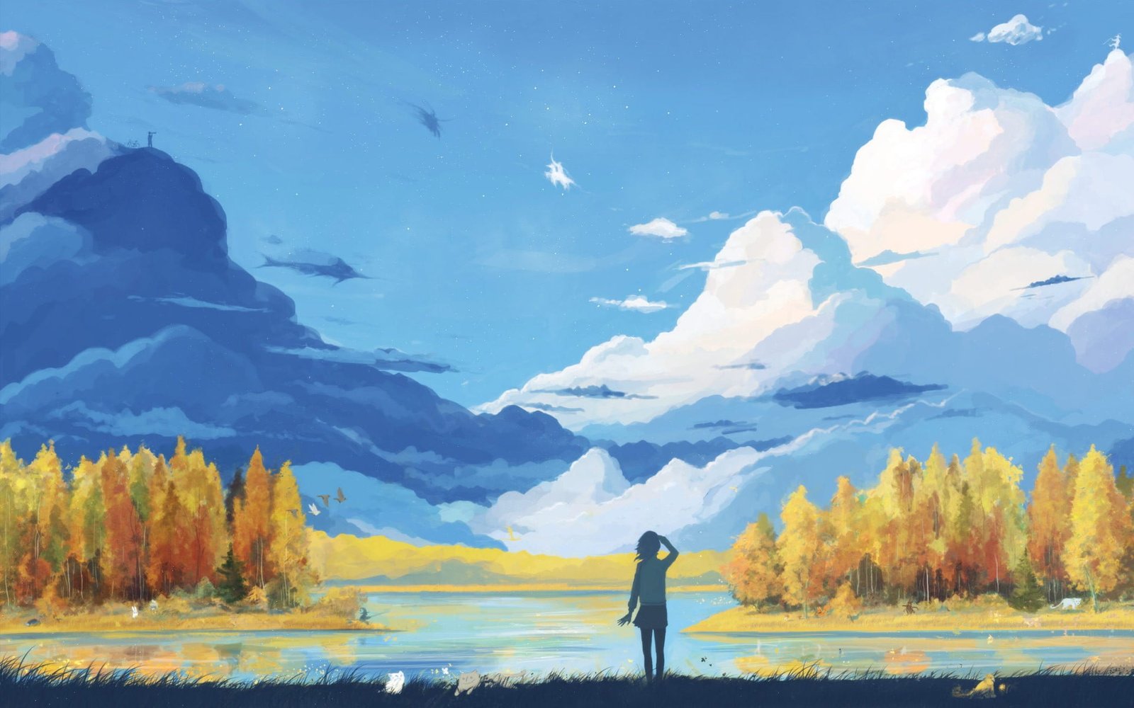 person standing near body of water painting silhouette looking at mountain 2k