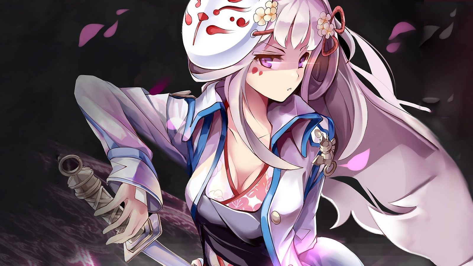 pink haired female anime characte girls mask sword long hair 2k