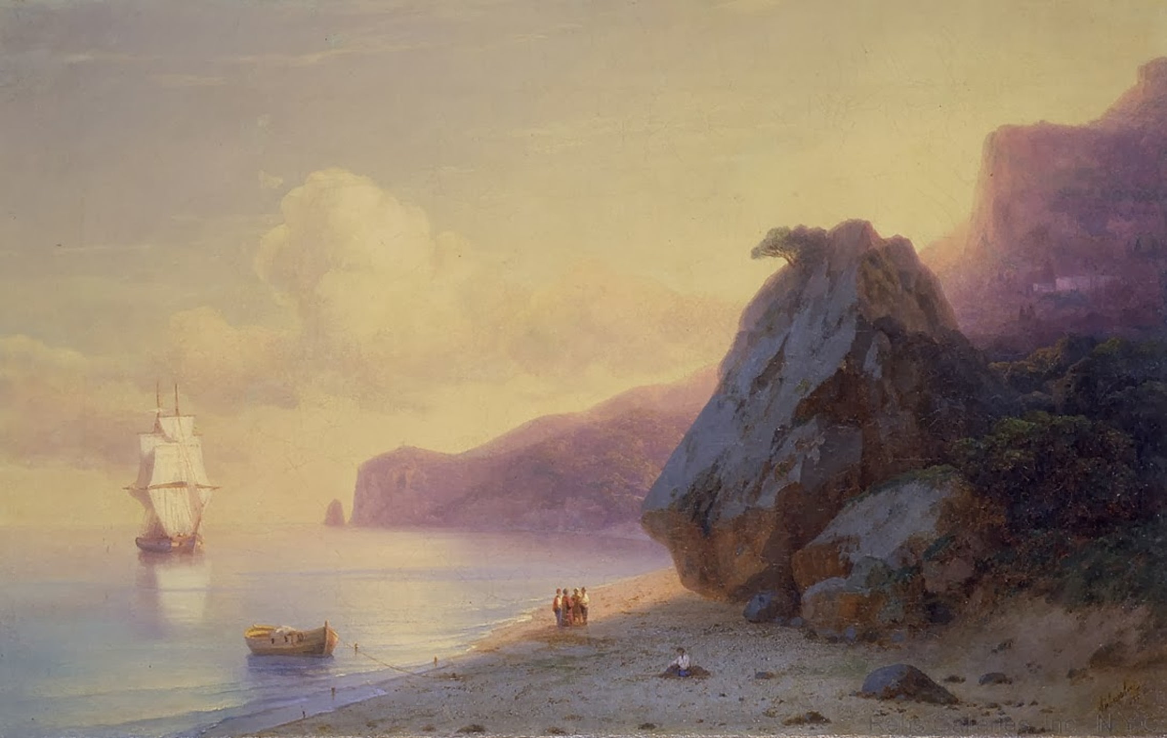 Seashore art luminos rock beach ship purple painting 2k