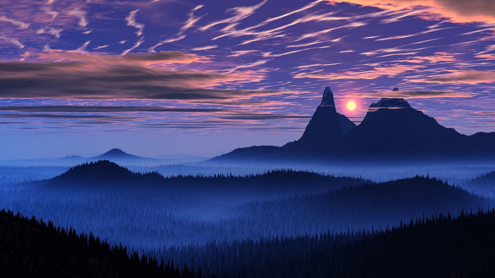 silhouette of foggy mountain landscape nature blue mist sunset 2k