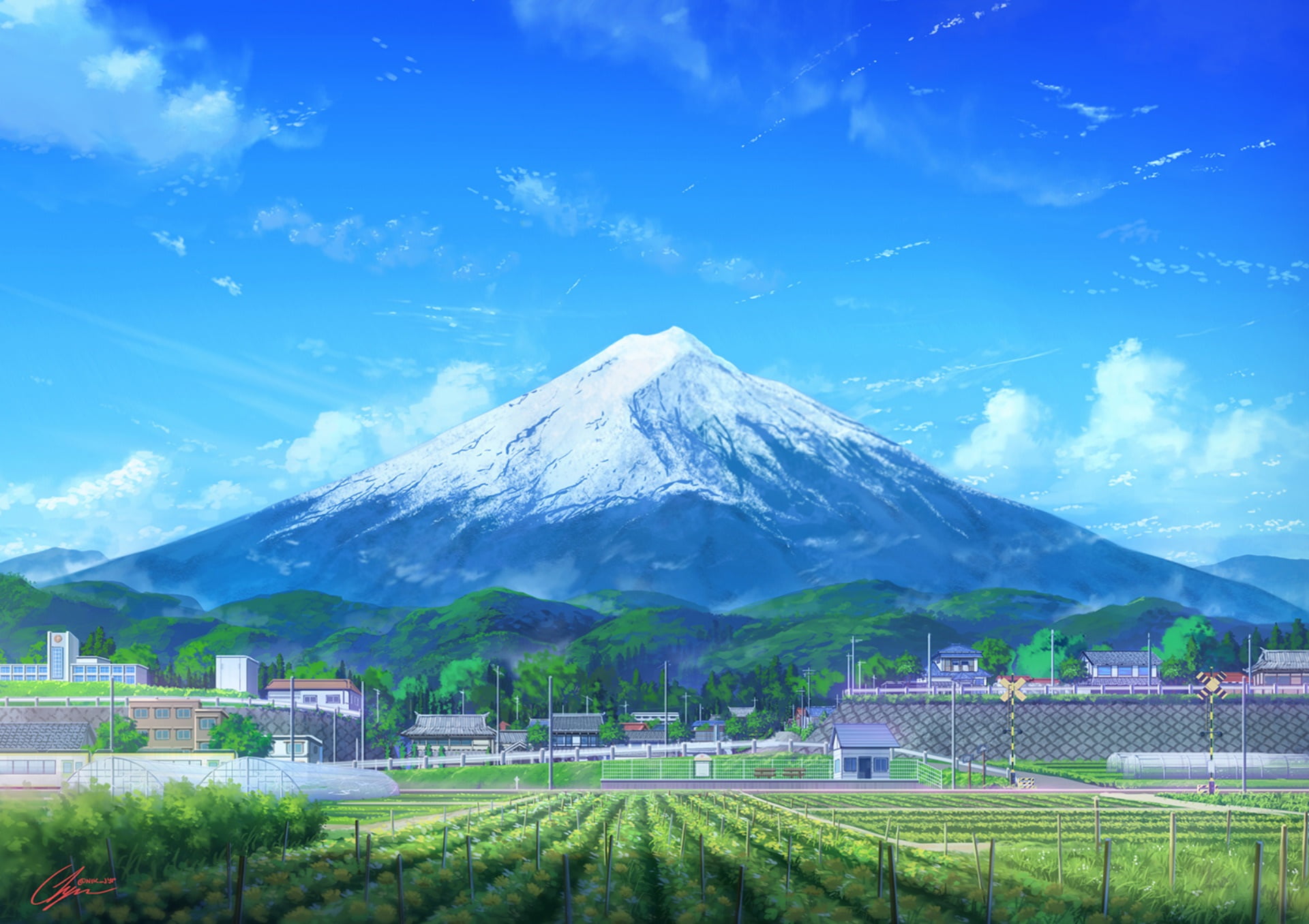 Anime Original Building Cloud Field Mount Fuji Mountain 2k