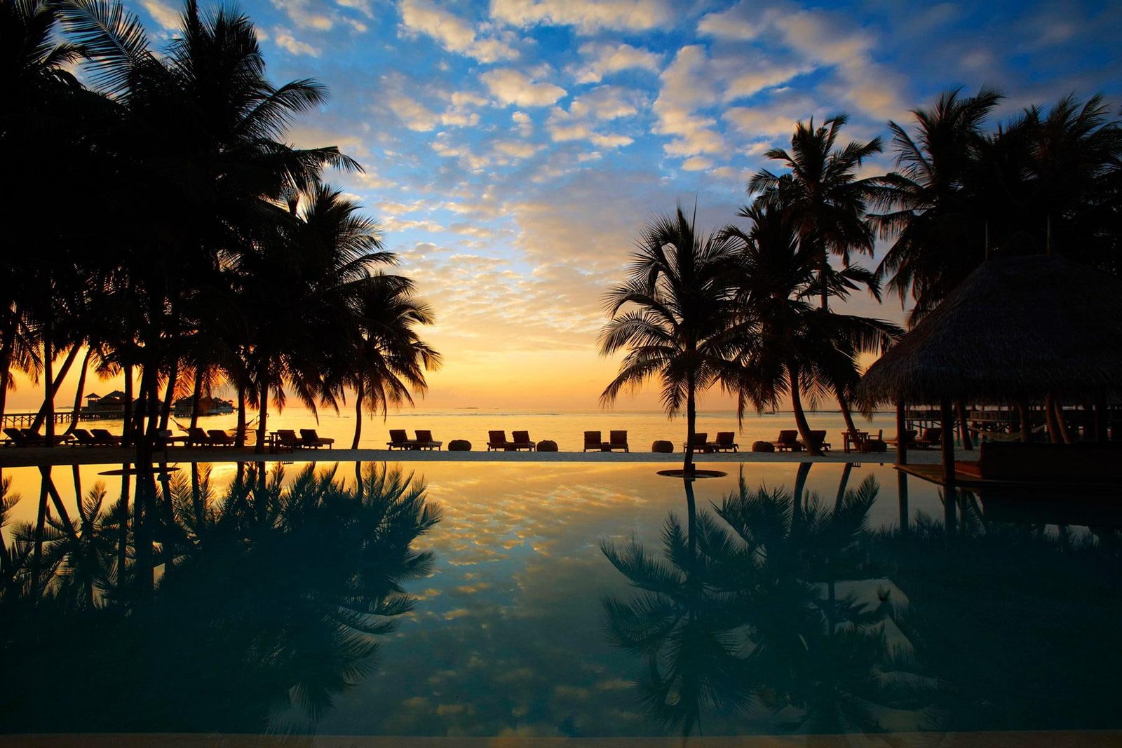 Beach Sunset over Pool coconut trees replection ocean sand 2k