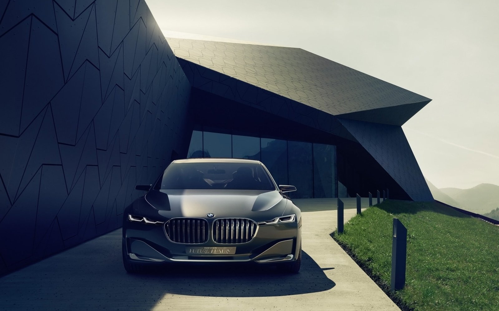 black BMW car nature landscape modern architecture grass 2k