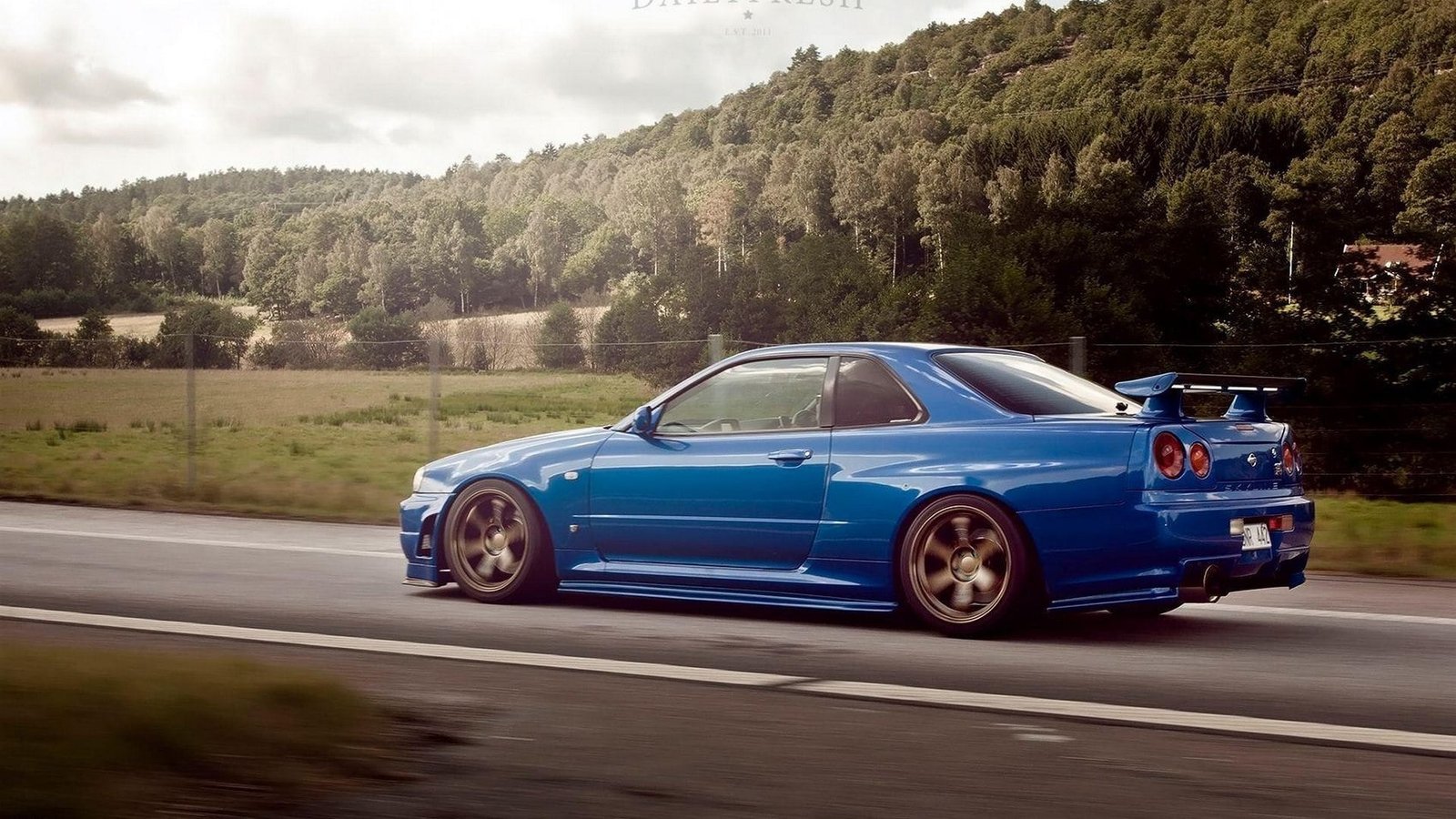 blue Nissan Skyline Auto Road Trees Forest Machine GTR 2k